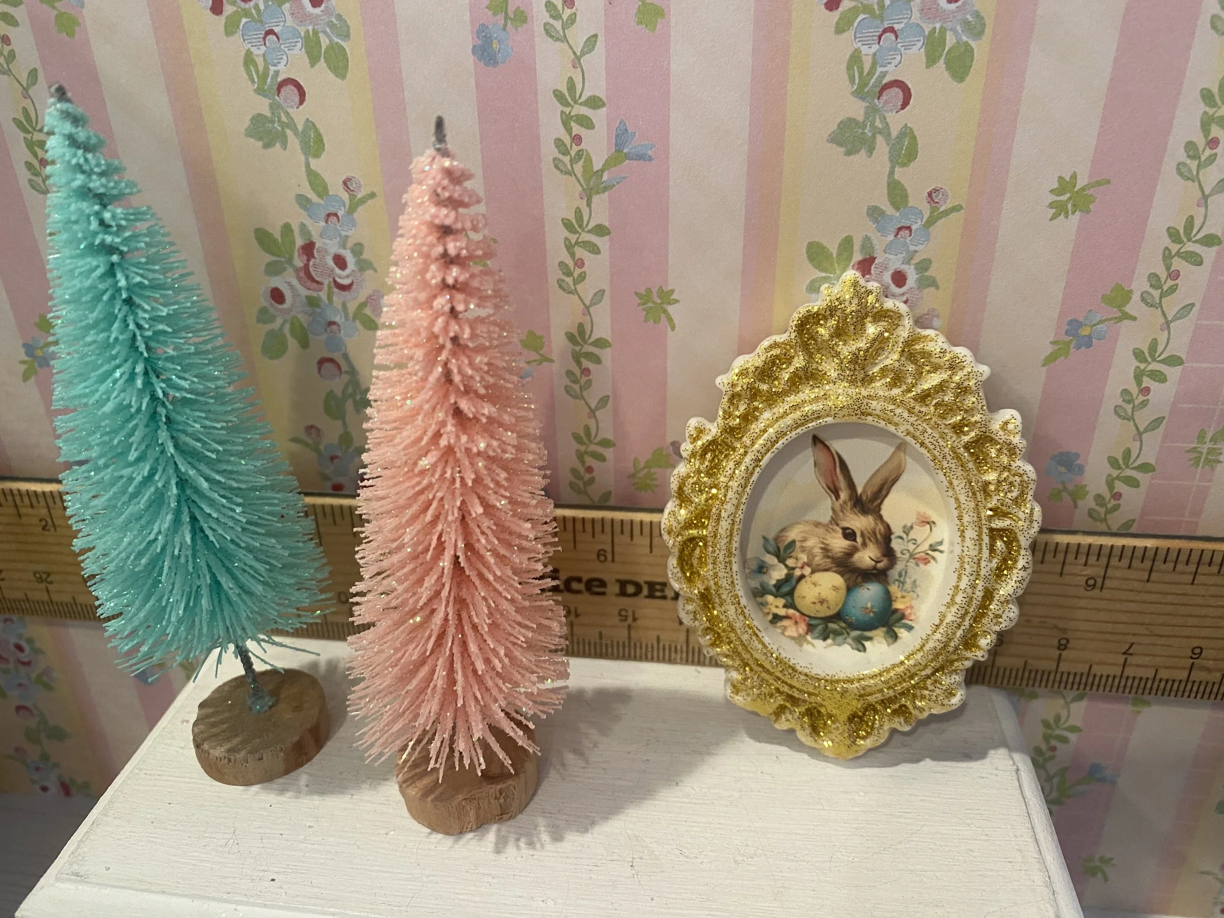 Miniature Pink Easter Tree, Mint Easter Tree, Gold Framed Easter Art, 1:12