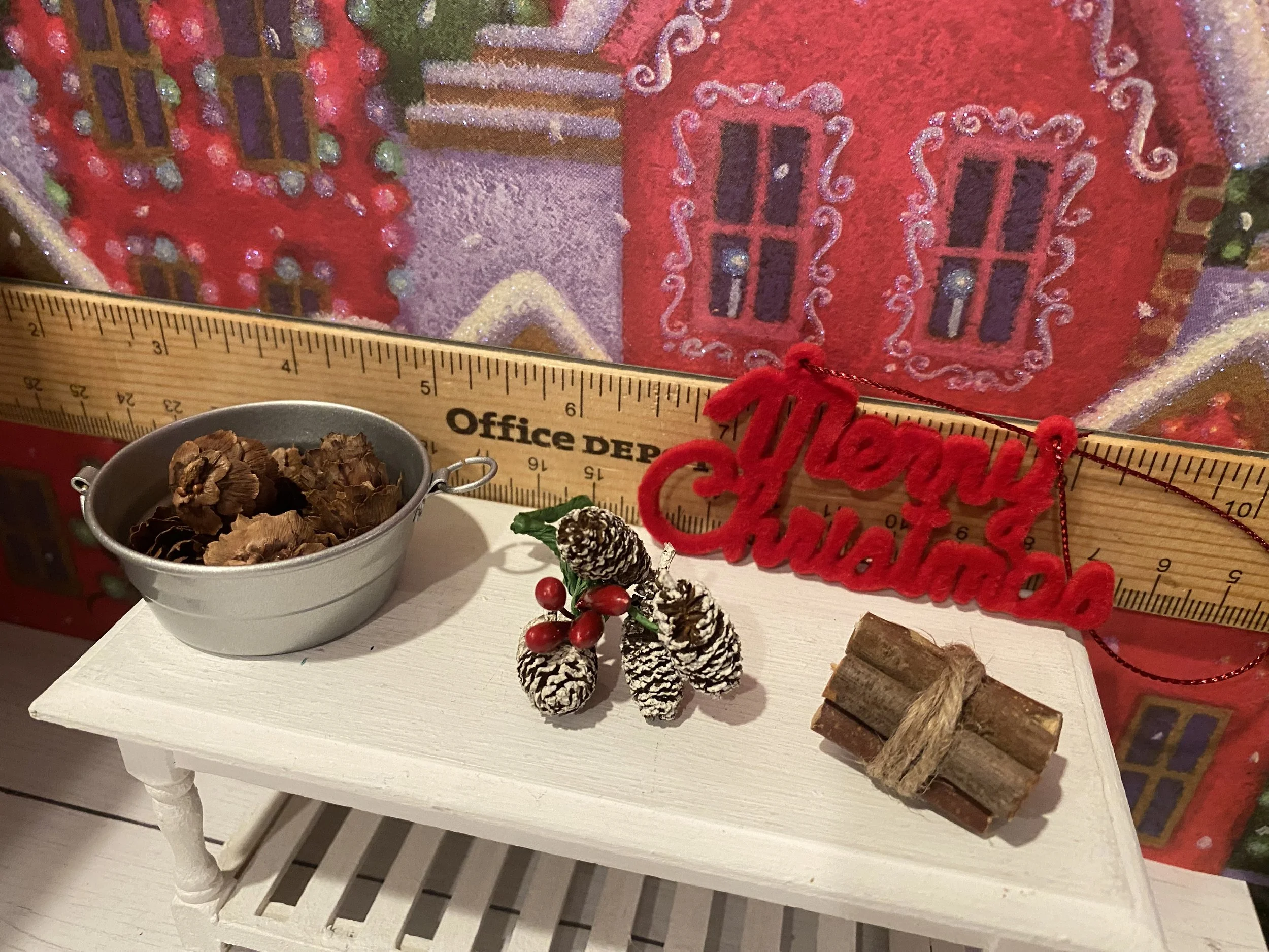 Bucket of Pinecones, Firewood Bundle, Flocked Merry Christmas Sign, Pinecone Decor, 1:12