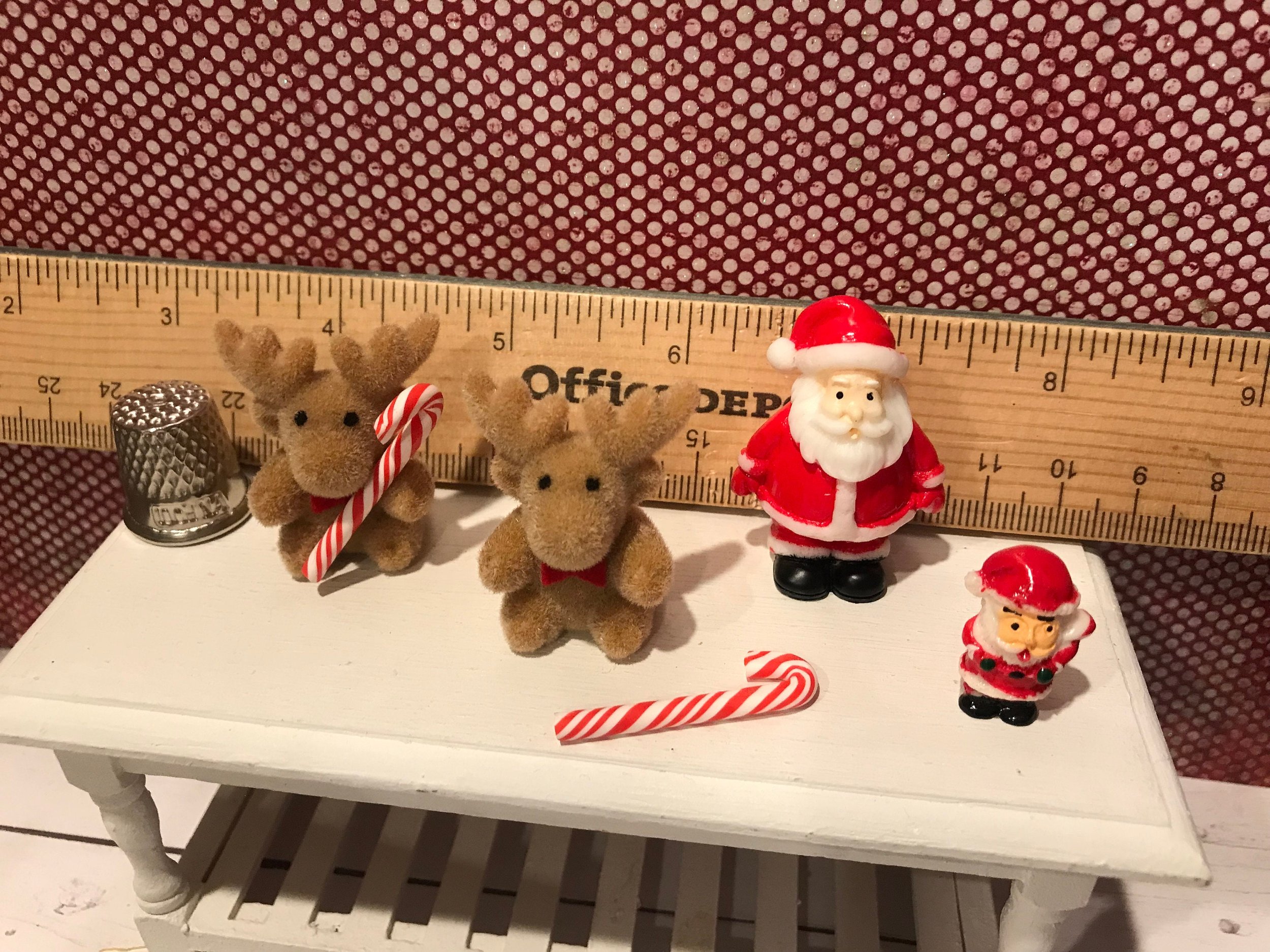 Miniature Flocked Moose w/Candy Cane, Santa Clause Large and Small Figure, 1:12