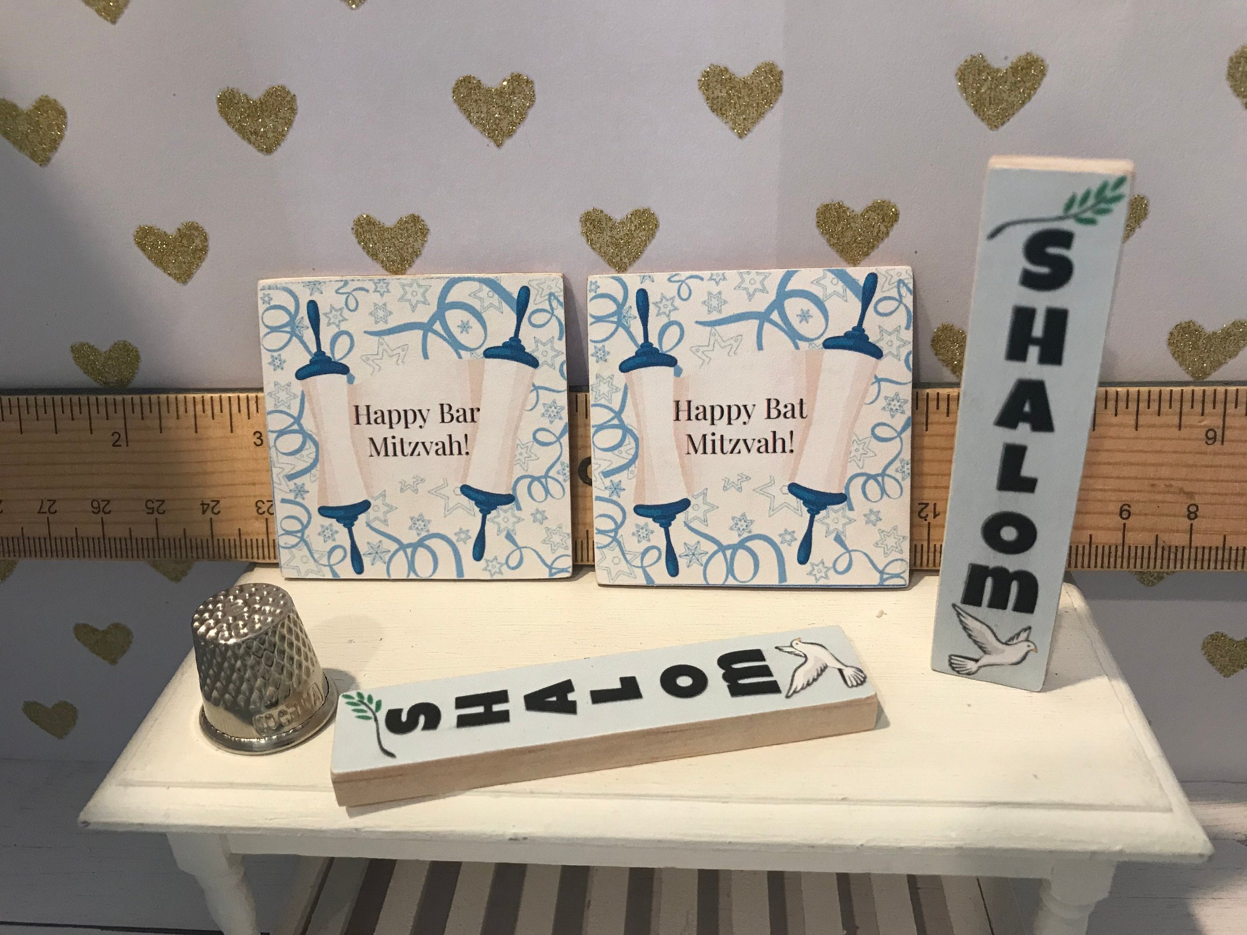 Miniature Hanukkah Wood Signs, Judaic and Yiddish Dollhouse Framed Art, Bar/Bat Mitzvah, 1:12