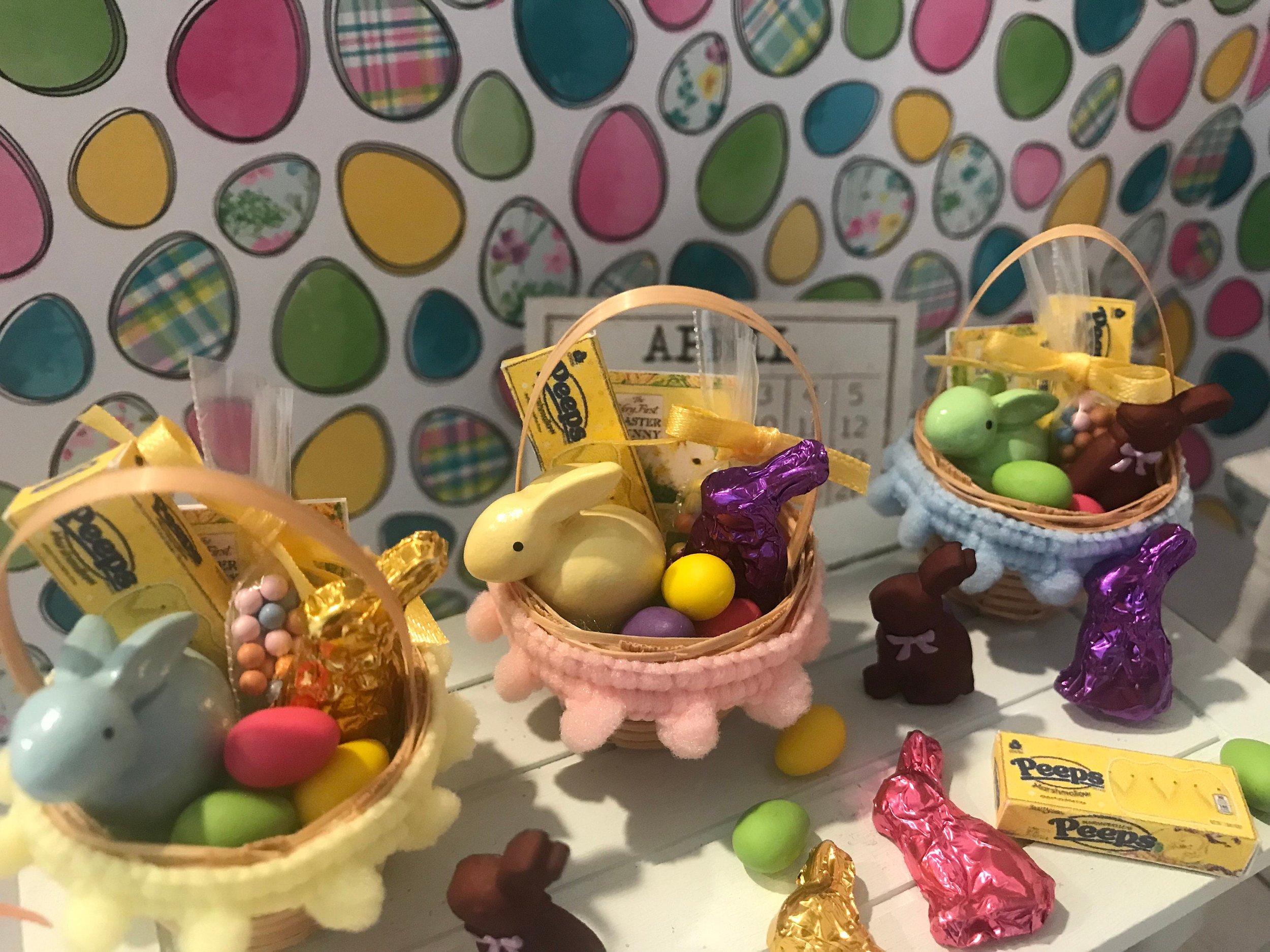 Miniature Easter Baskets, Easter Eggs, Chocolate Bunnies, Candy, 1:12