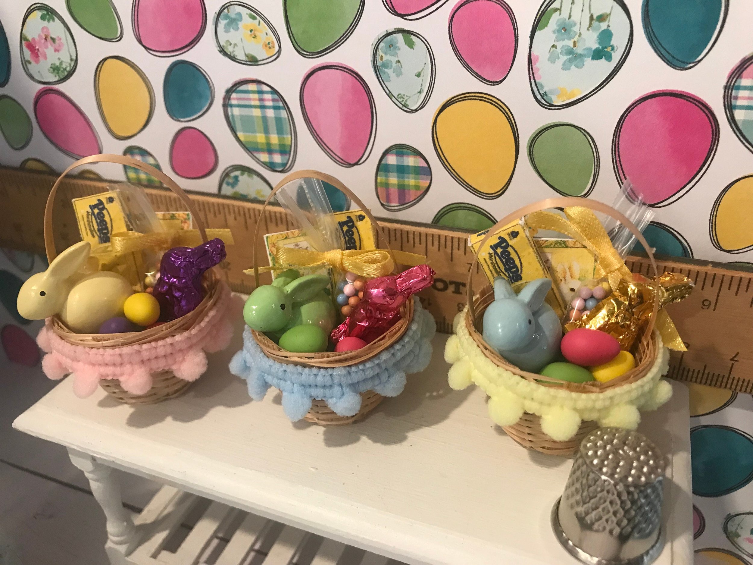 Miniature Easter Baskets, Easter Eggs, Chocolate Bunnies, Candy, 1:12