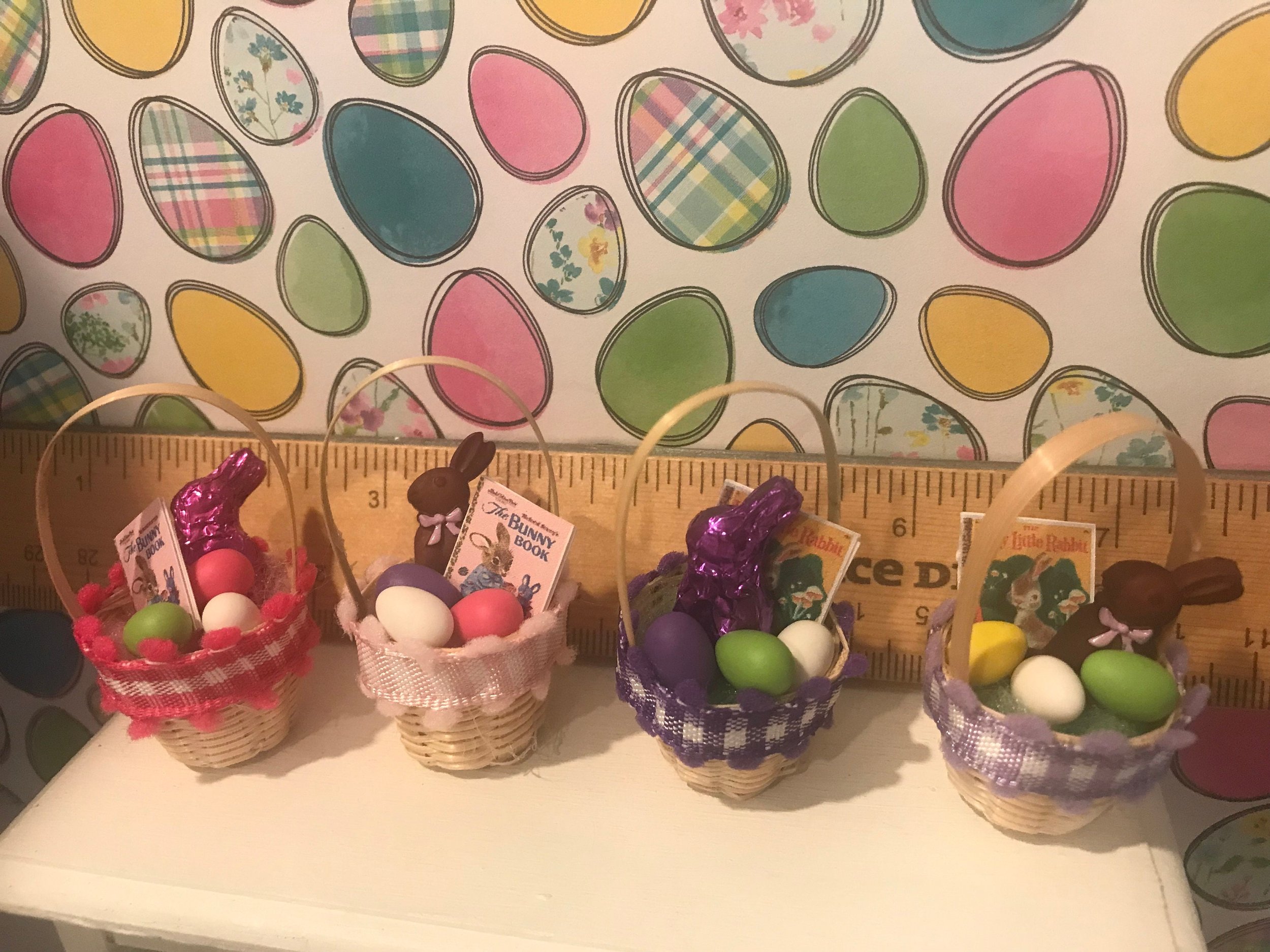 Miniature Easter Baskets, Easter Eggs, Chocolate Bunnies, Candy, 1:12