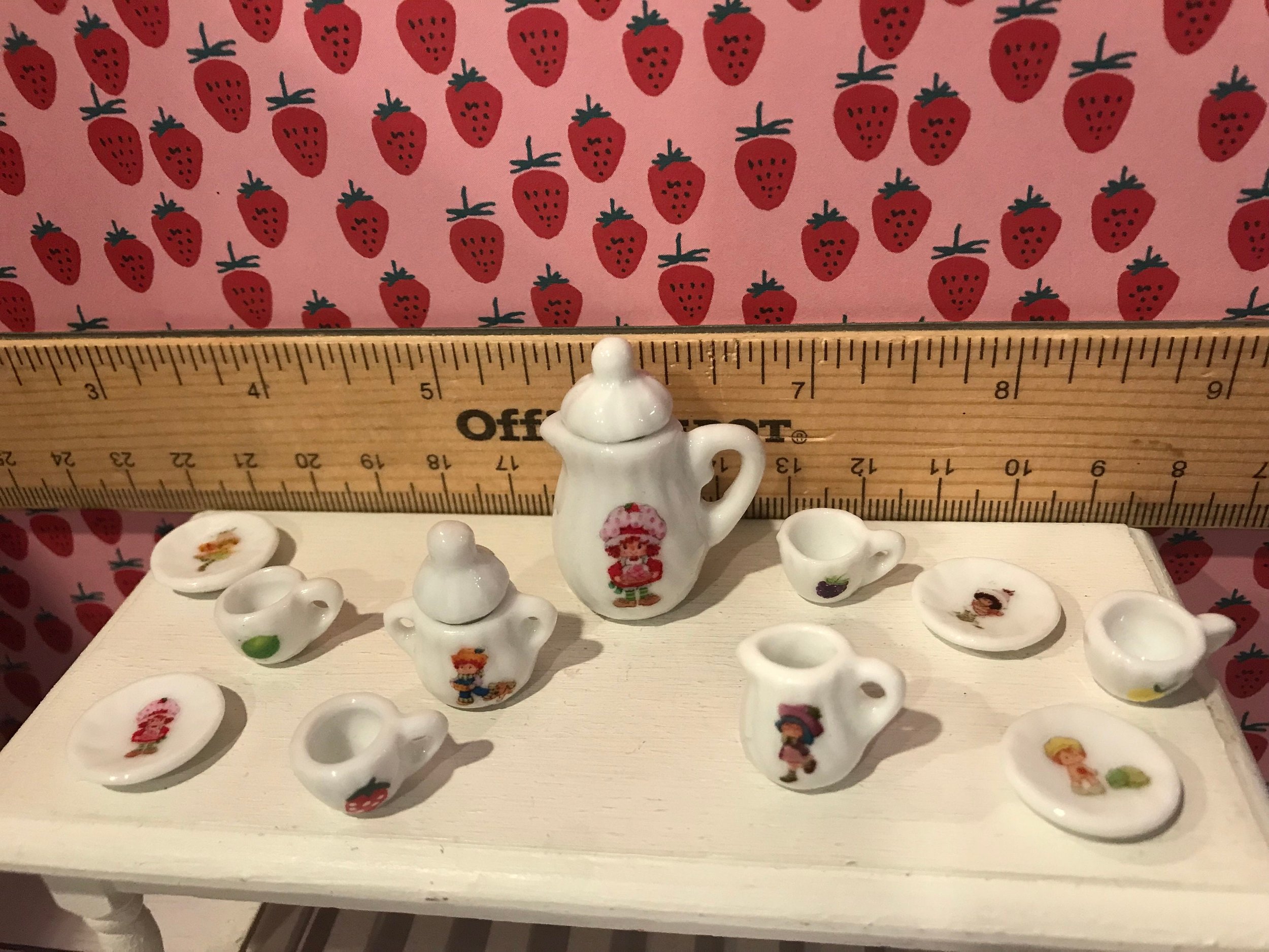 Miniature Strawberry and Friends Tea set, Dollhouse Dishes, 1:12 Scale
