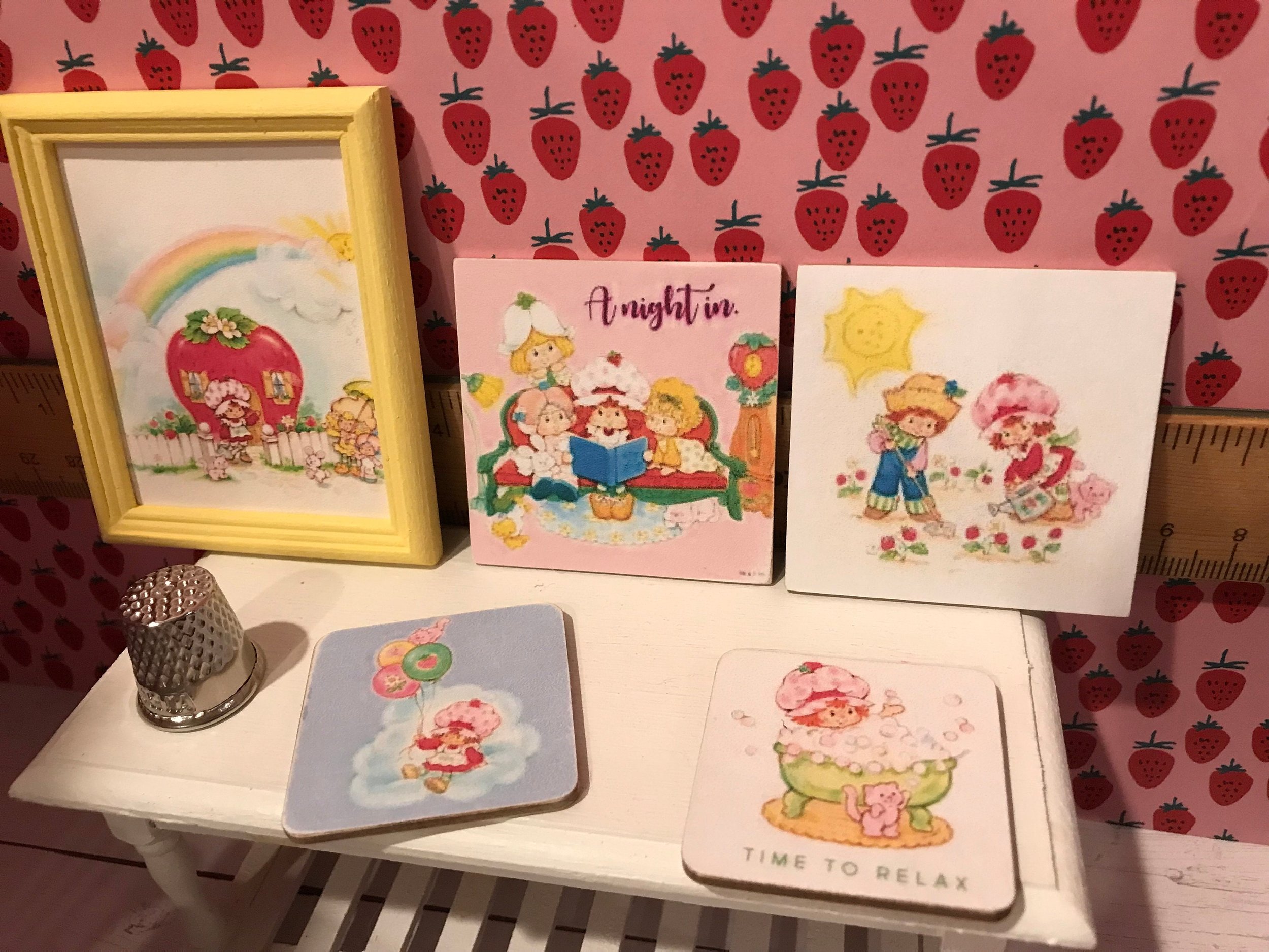 Miniature Strawberry and Friends Wood Signs, Framed Art, Dollhouse Decor, 1:12 Scale