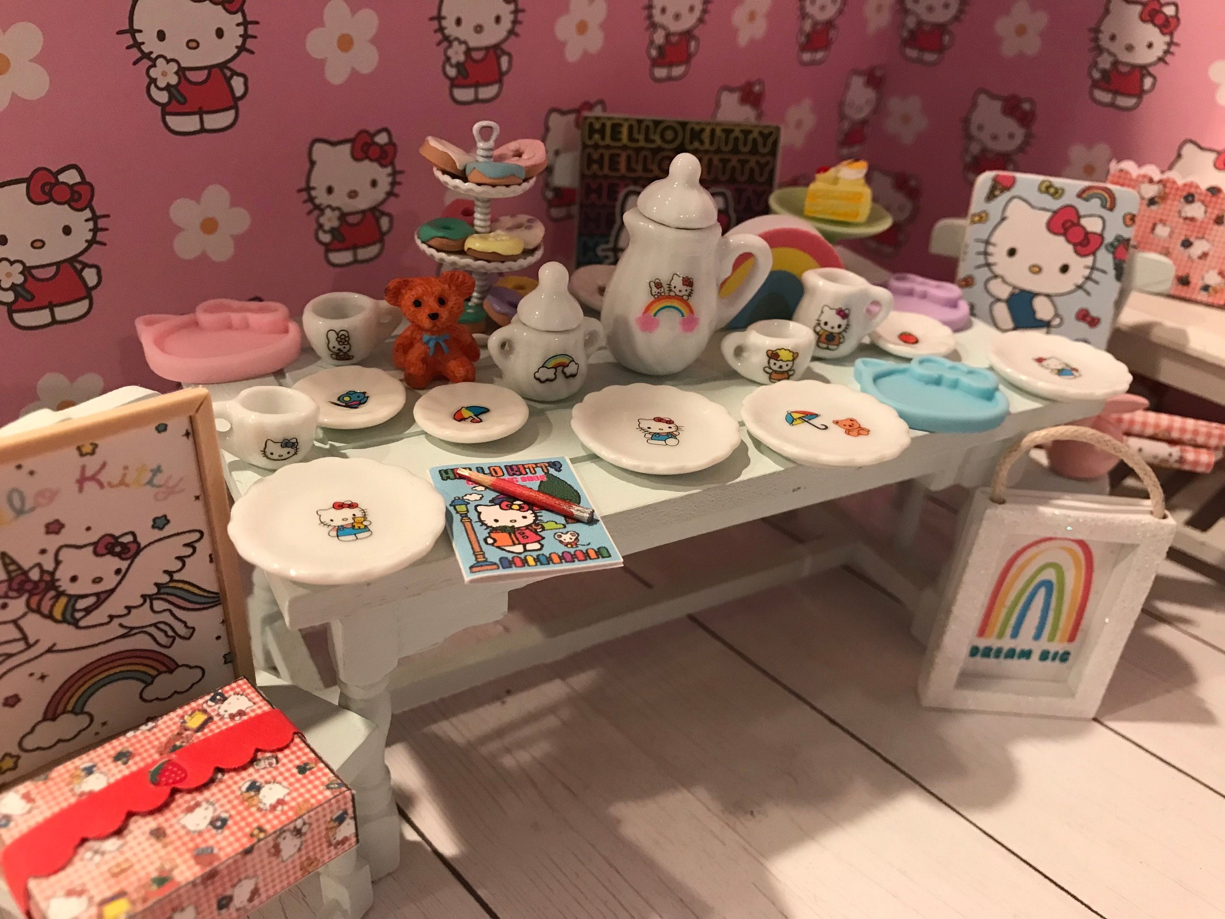 Miniature Hello Kitty Tea Set, Dollhouse Dishes, Books, Wrapping Paper, Trinkets, Signs, Rainbow, 1:12