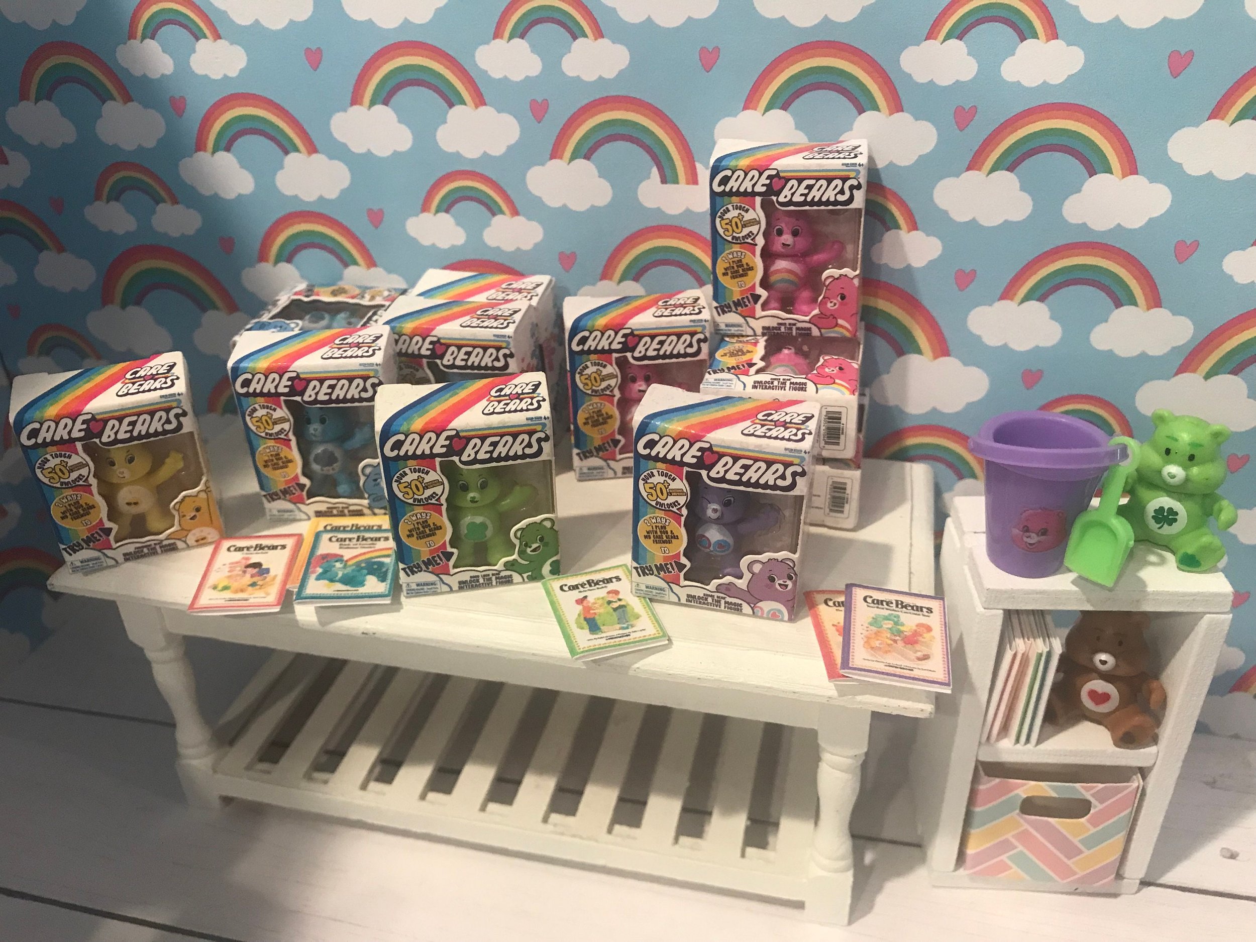 Miniature Care Bears in Box, Dishes, Rainbow Tumblers, Art, Books, Gift Wrap, 1:12