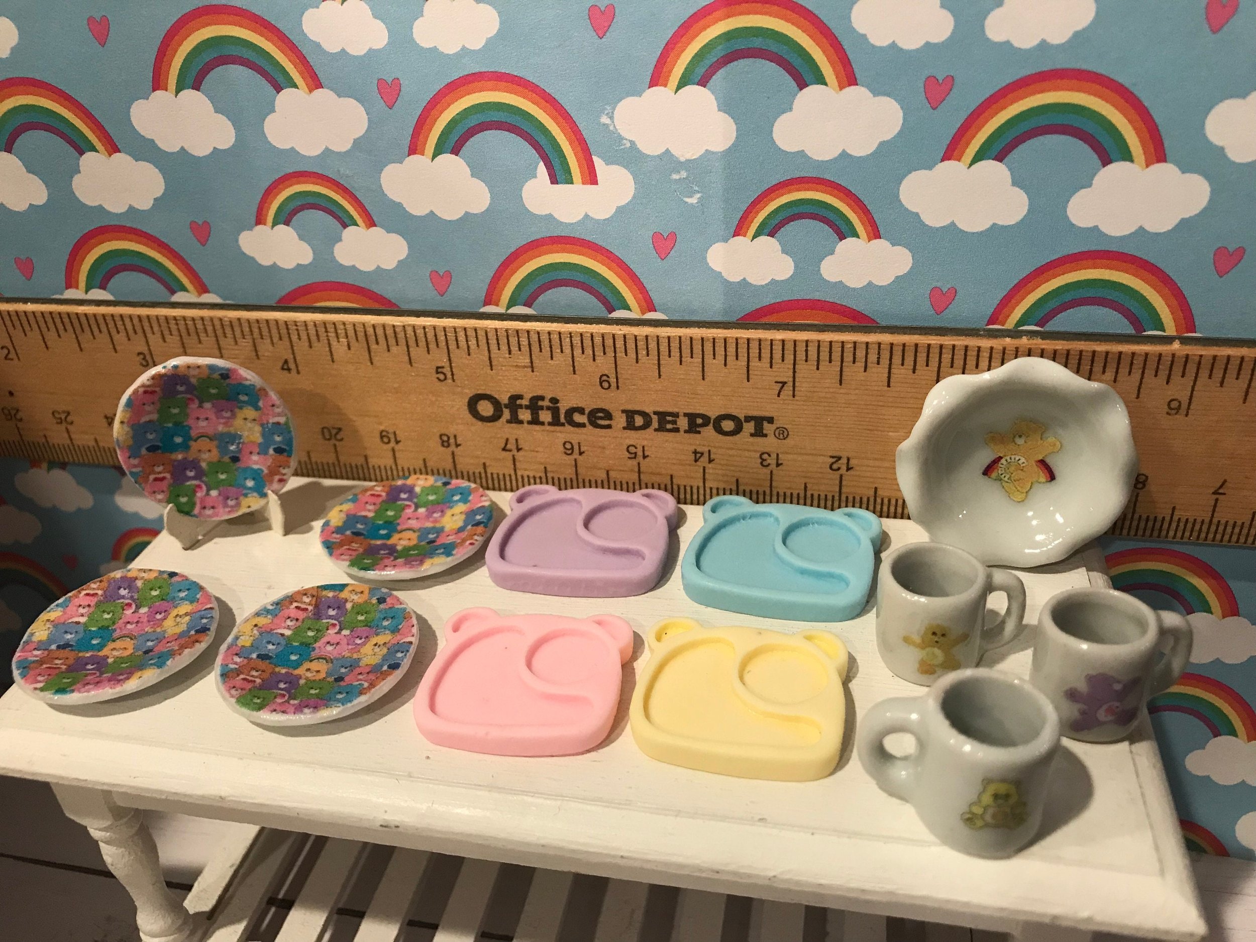 Miniature Care Bear Plates, Dollhouse Mugs, Pie Dish, Bear Bento Plates, 1:12 Scale