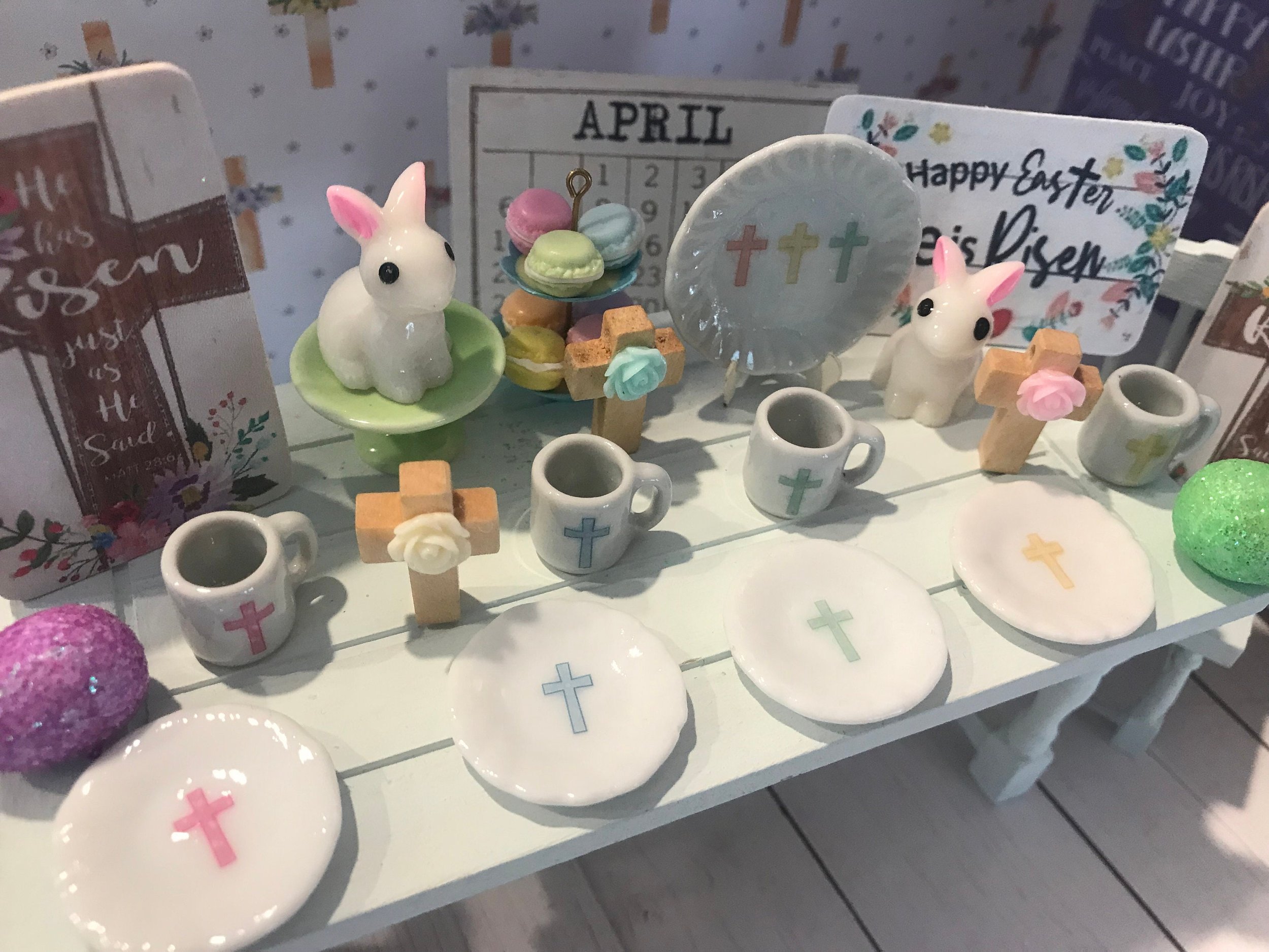 Miniature Religious Dishware, Easter Dollhouse Dishes, 1:12
