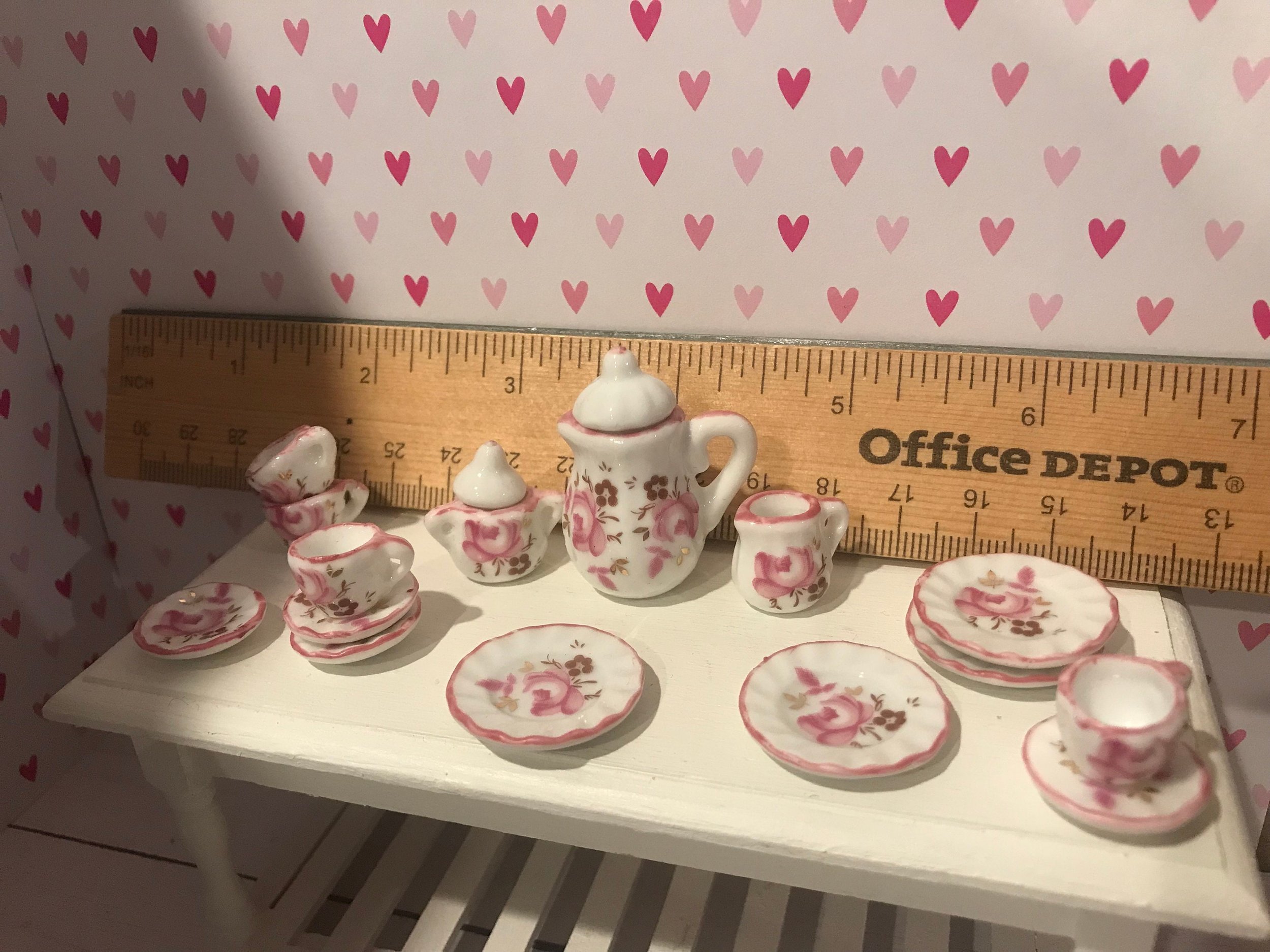 Miniature Pink Floral Tea Set, Dollhouse, 1:12