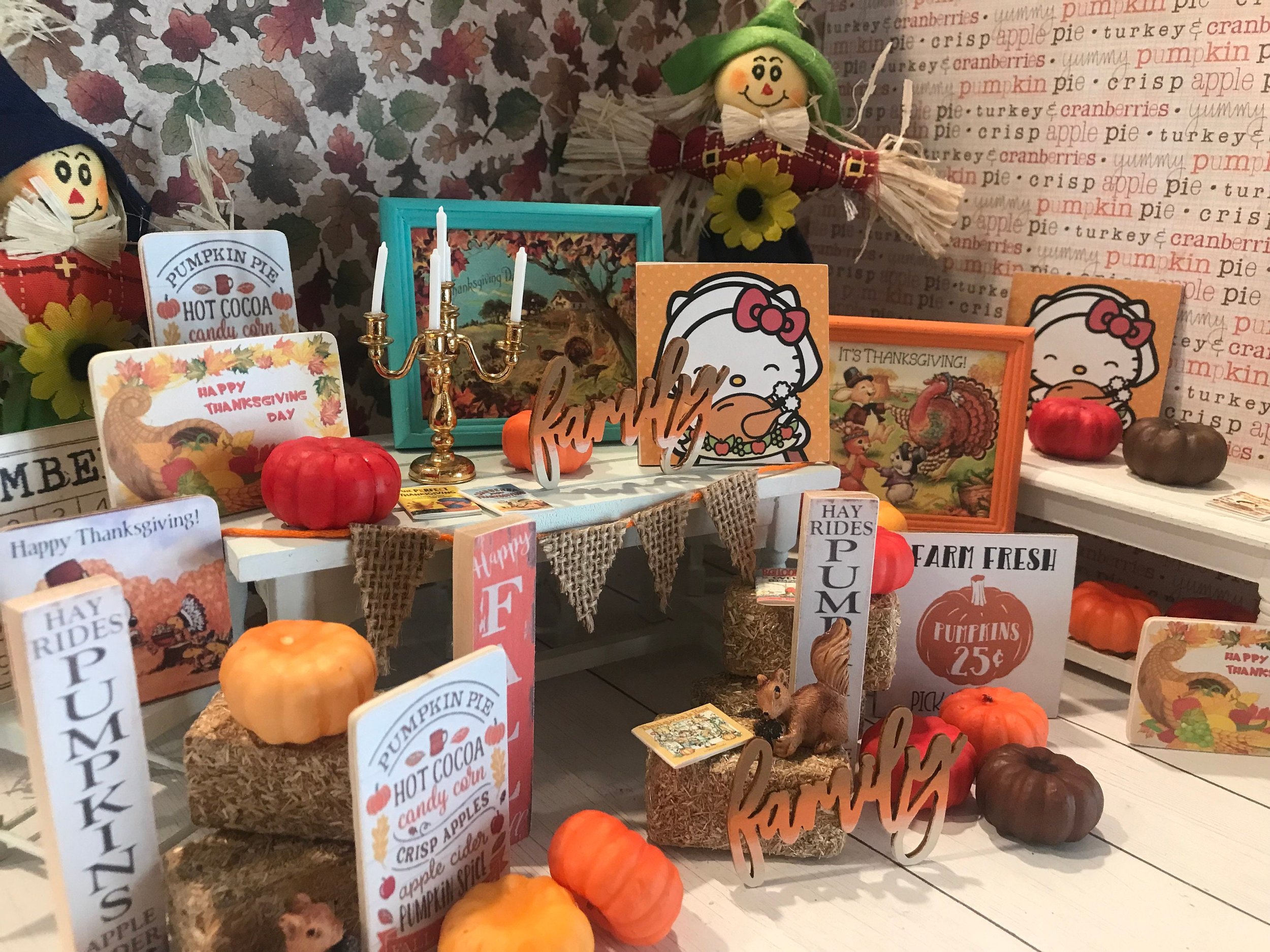 Miniature Dollhouse Wood Signs Thanksgiving and Fall, Pumpkins, Scarecrows, Harvest Dollhouse Accessories, 1:12