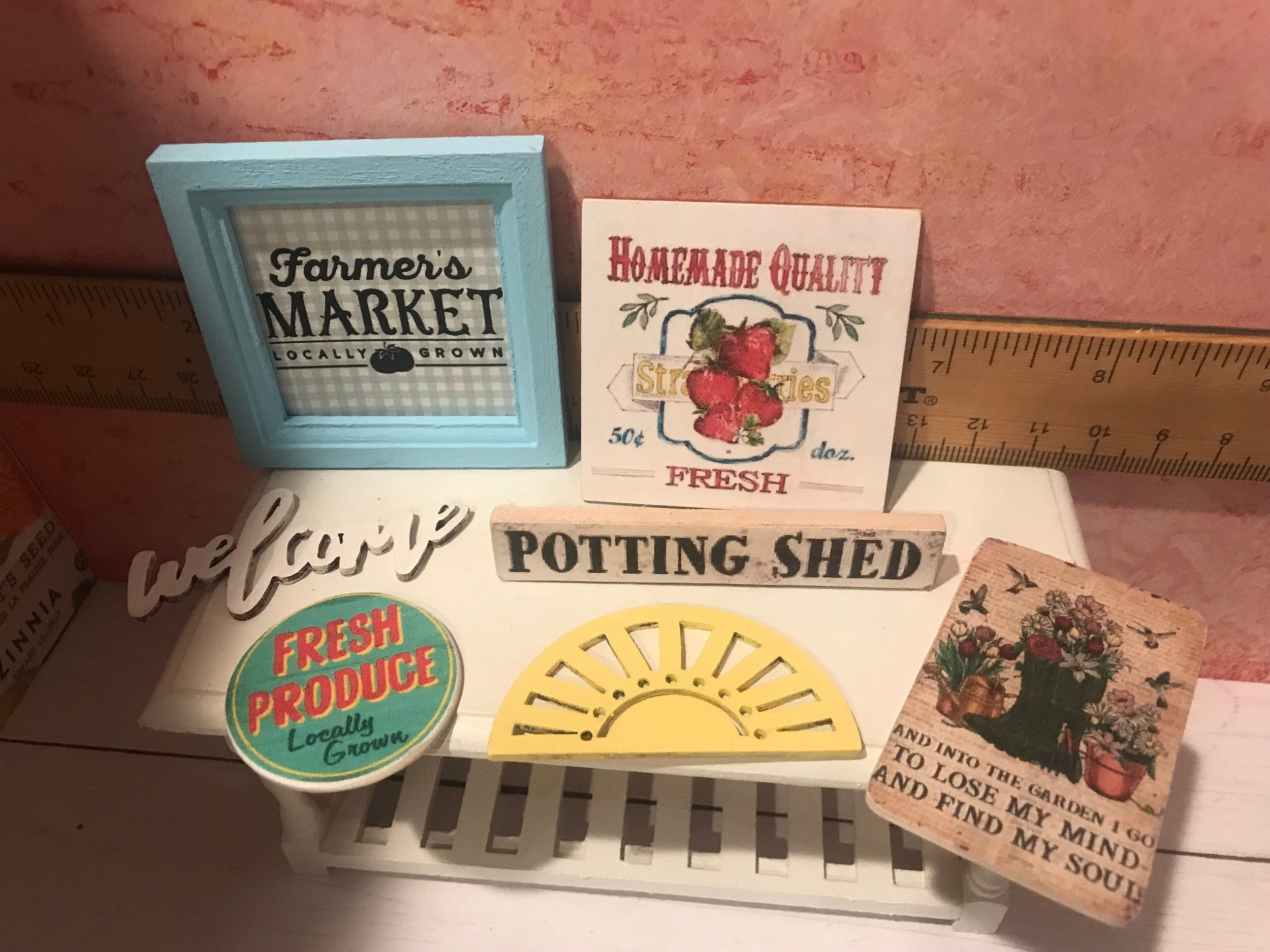 Miniature Farmer's Market Wood Signs, Wood Art and Frames, Gardening Signs, 1:12 Scale
