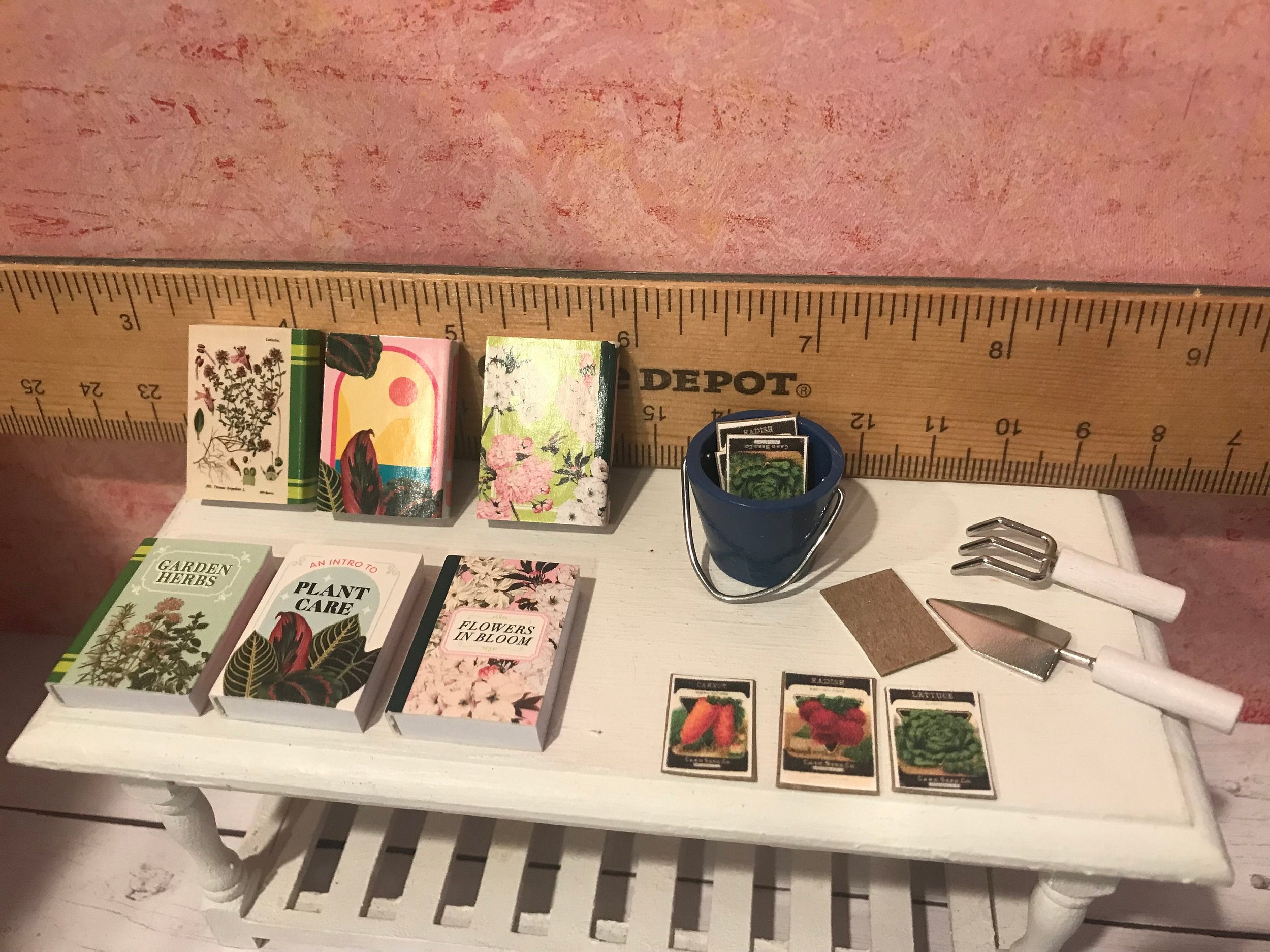 Miniature Garden Books, Dollhouse Seed Packs, Pail, Dollhouse Yard Accessories, 1:12