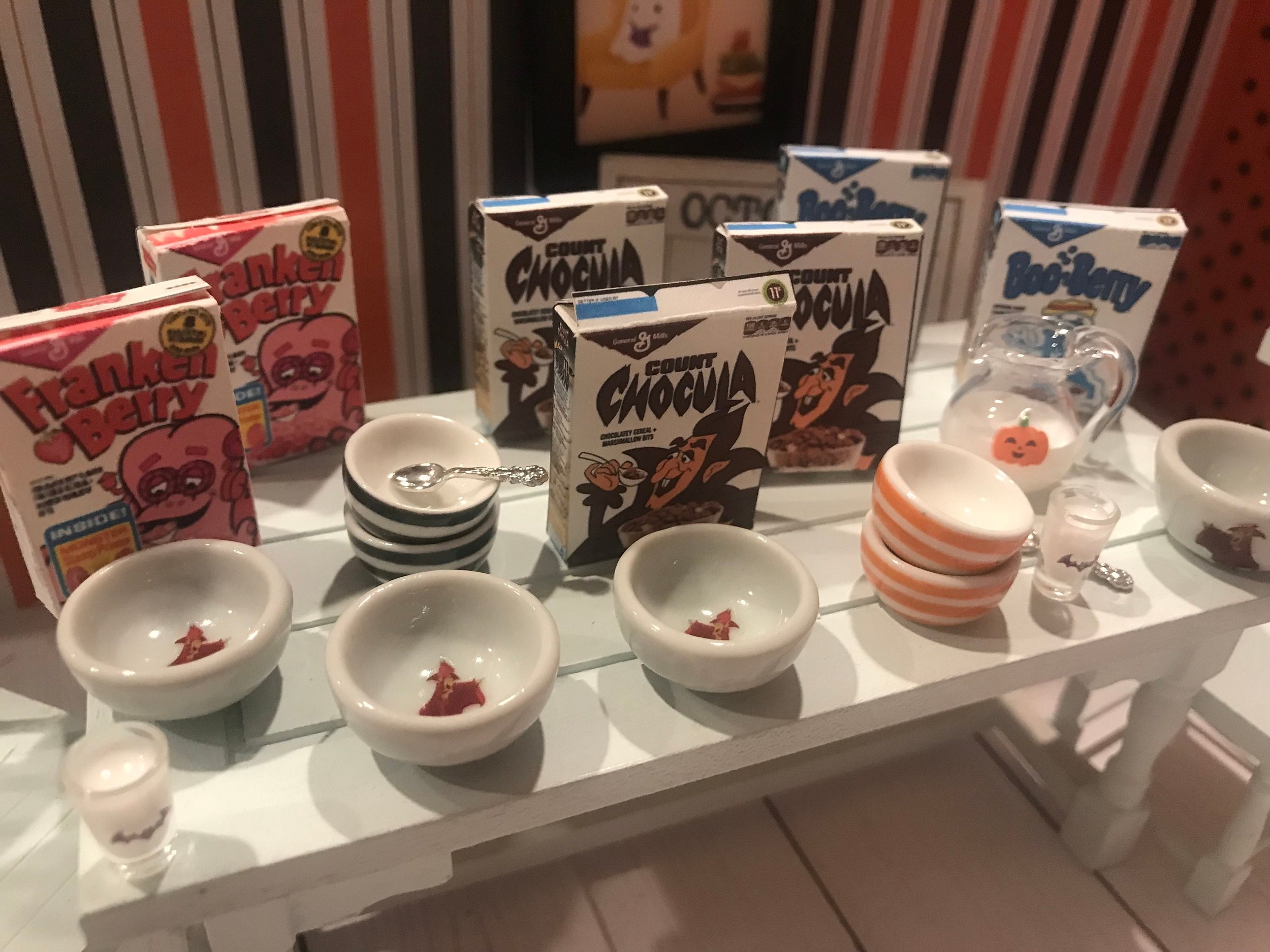 Miniature Halloween Cereal Boxes, Count Chocula, FrakenBerry, BooBerry, Halloween Bowls, 1:12