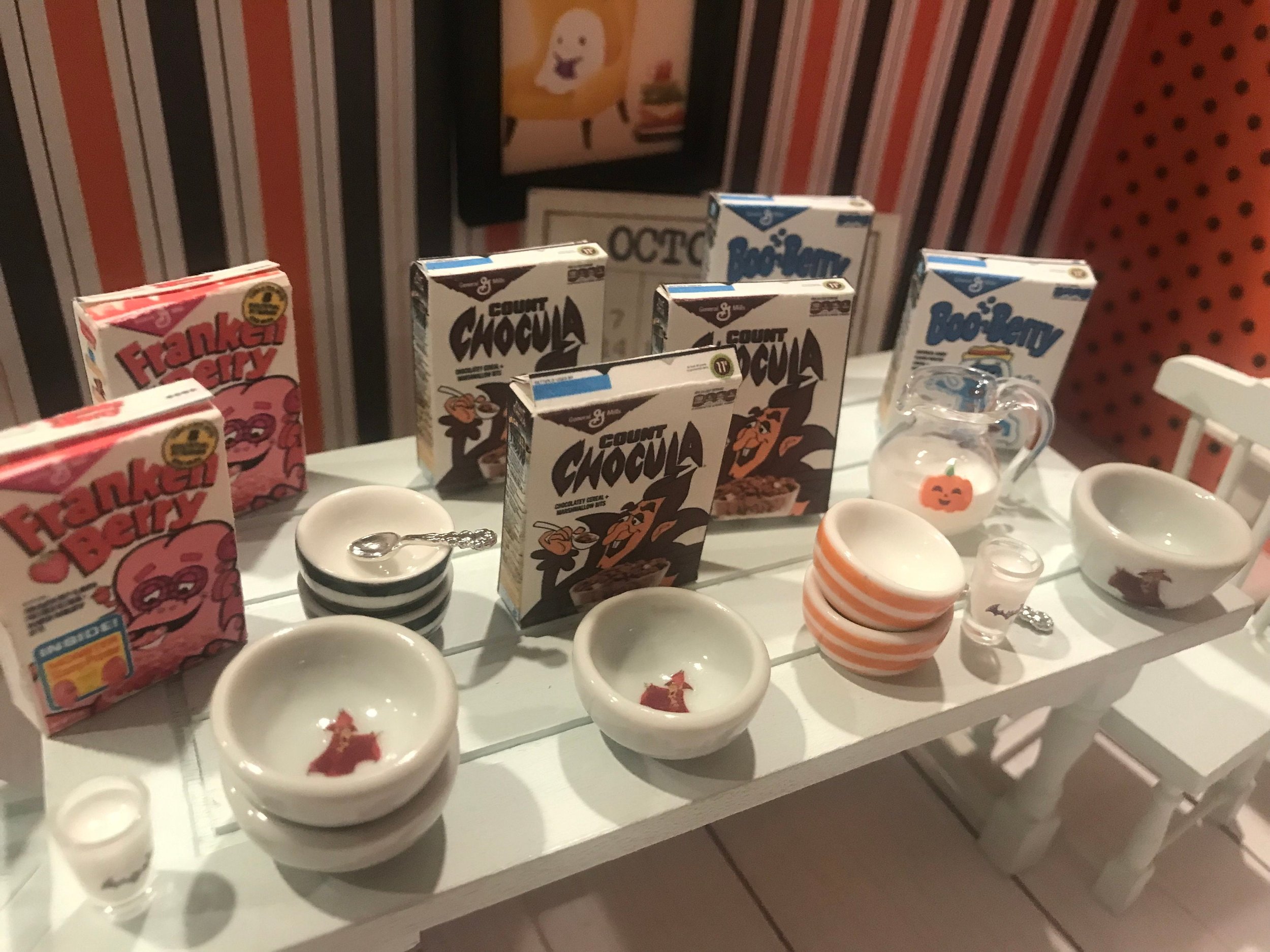 Miniature Halloween Cereal Boxes, Count Chocula, FrakenBerry, BooBerry, Halloween Bowls, 1:12