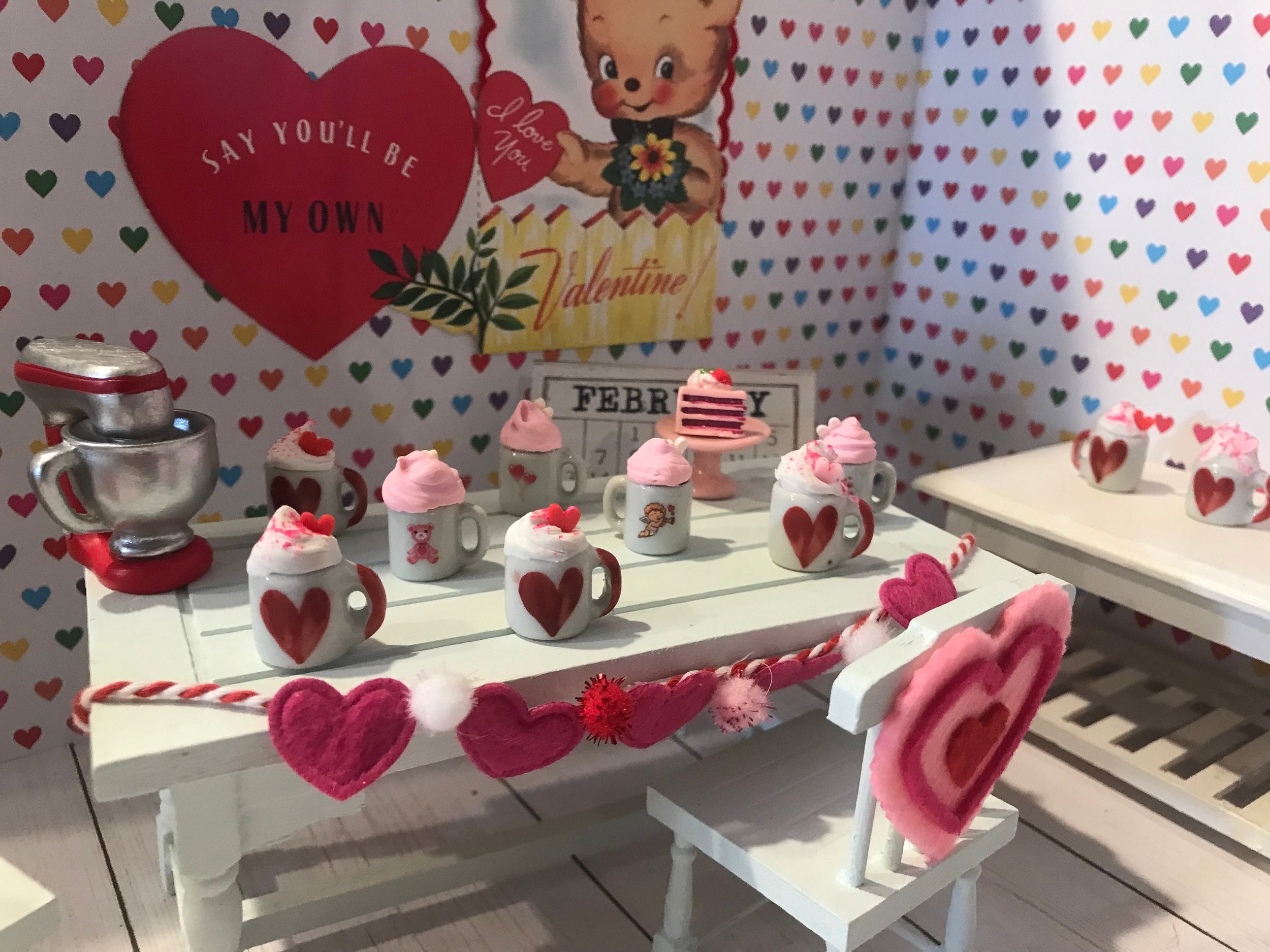 Miniature Valentine Hot Cocoa, Valentine Donuts, Heart Mugs, 1:12