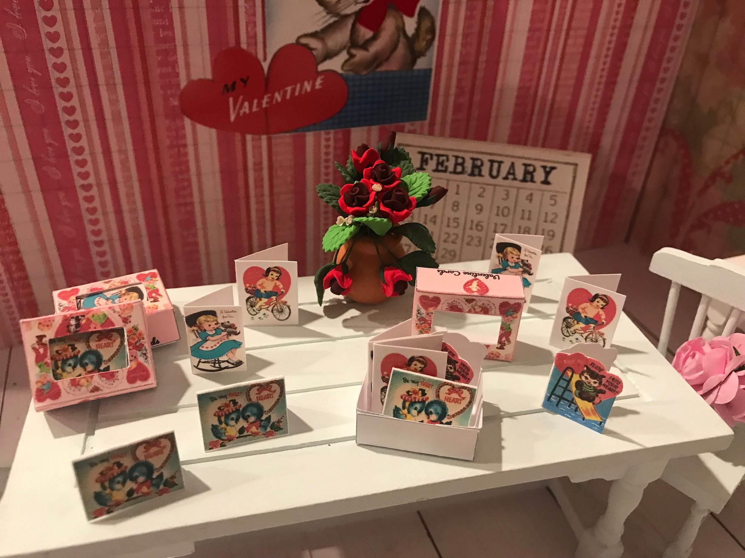 Miniature Valentine Cards Boxed Set of 12, Mailbox, Phone, Clock, 1:12