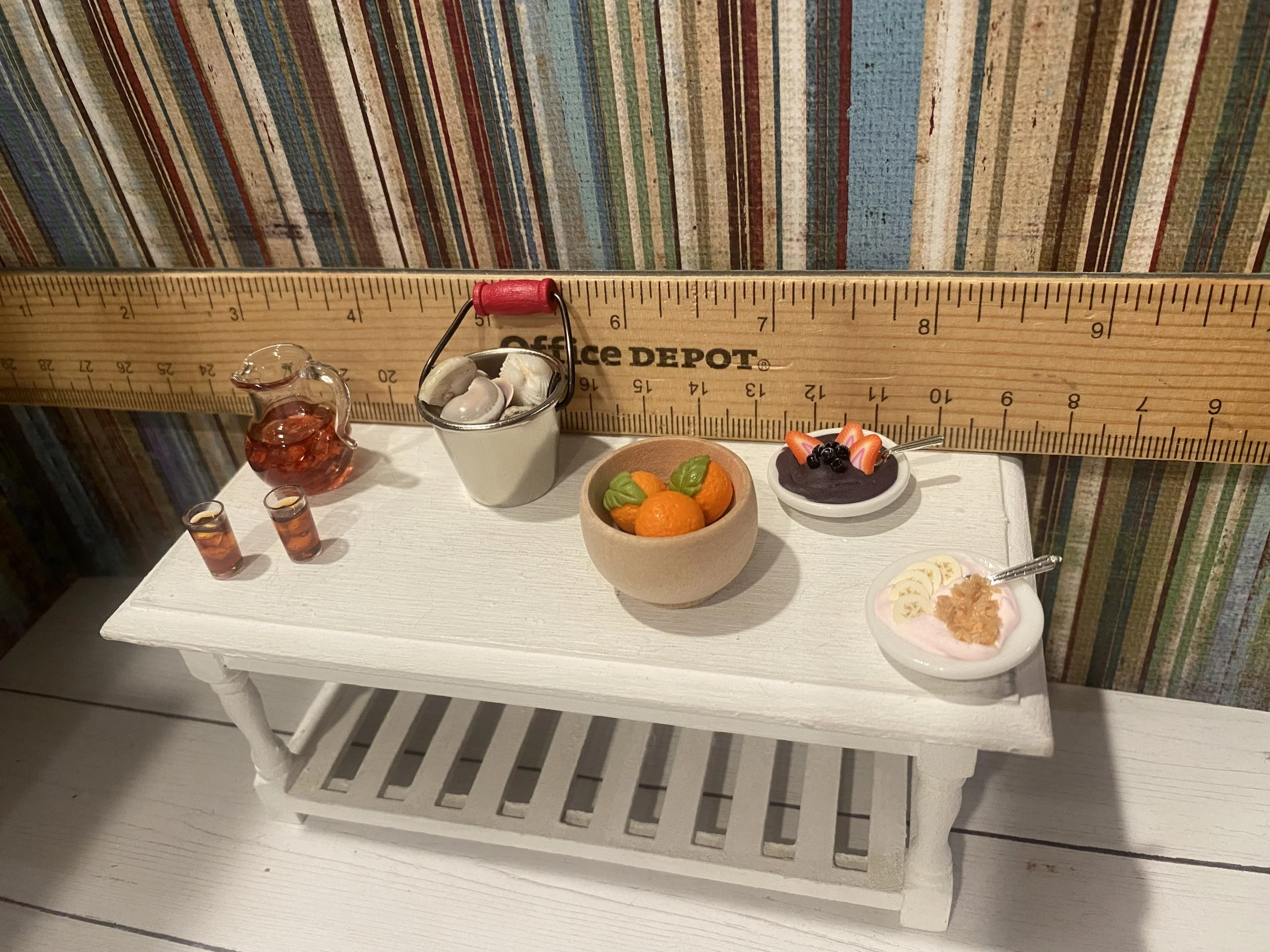 Miniature Pitcher Ice Tea, Bucket of Seashells, Bowl of Oranges, Acai Bowl, Yogurt Bowl w/Granola, 1:12