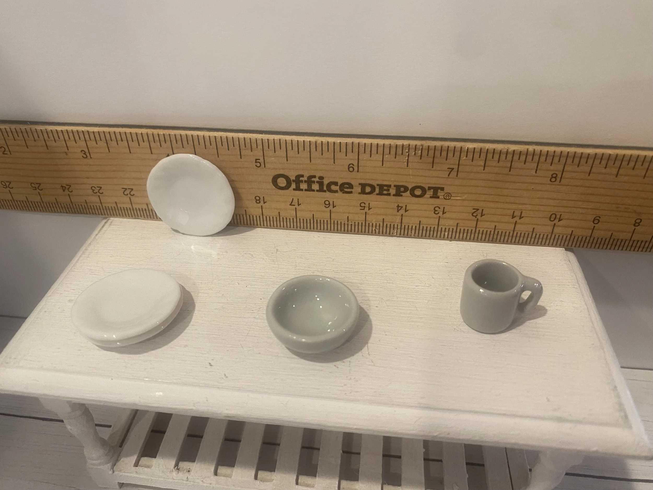 Miniature White Ceramic Plates, Bowl, Mug, 1:12
