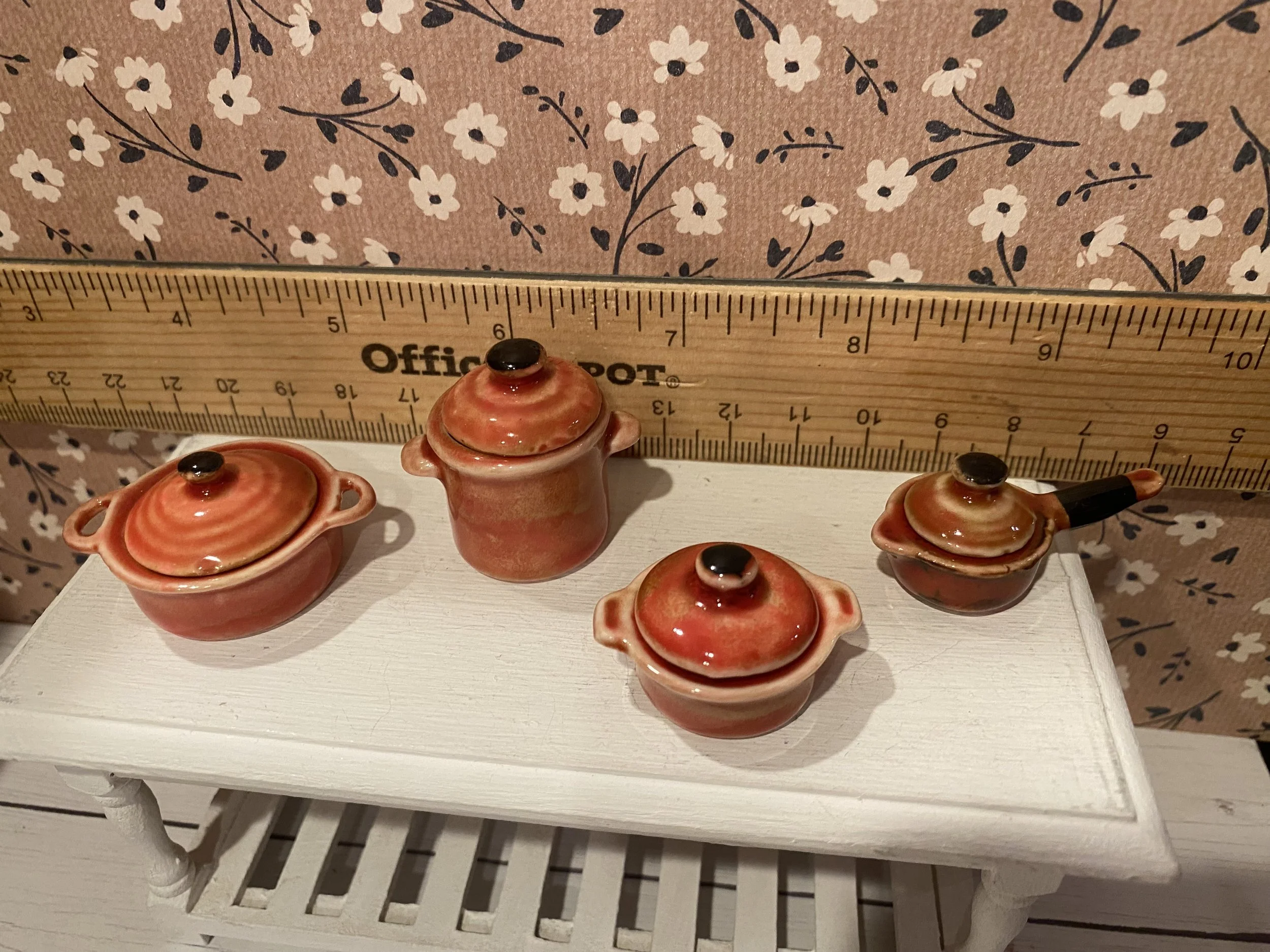 Miniature Orange Ceramic Pot and Pan Set, 1:12
