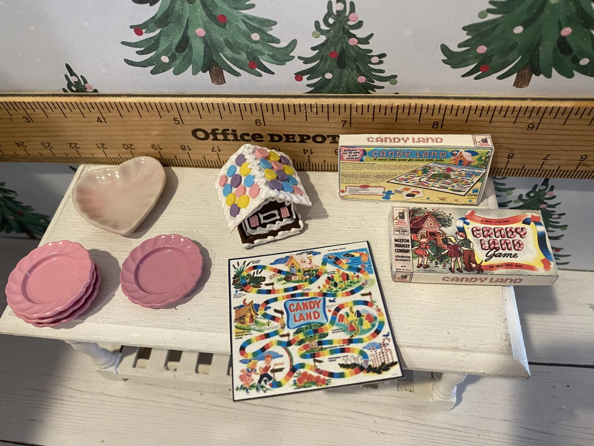 Miniature Vintage Pink Christmas Dishes, Trees, Pillows, Ornaments, Art, Cupcakes, Gingerbread House, Gift Wrap/Boxes, 1:12