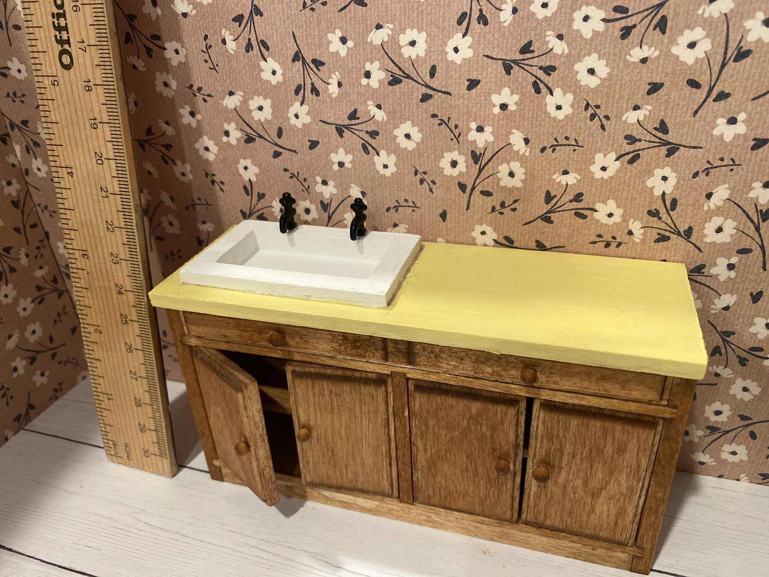Miniature 1970's Kitchen Cabinets w/Sink, Stained Finish, Yellow Countertops, White Sink, 1:12