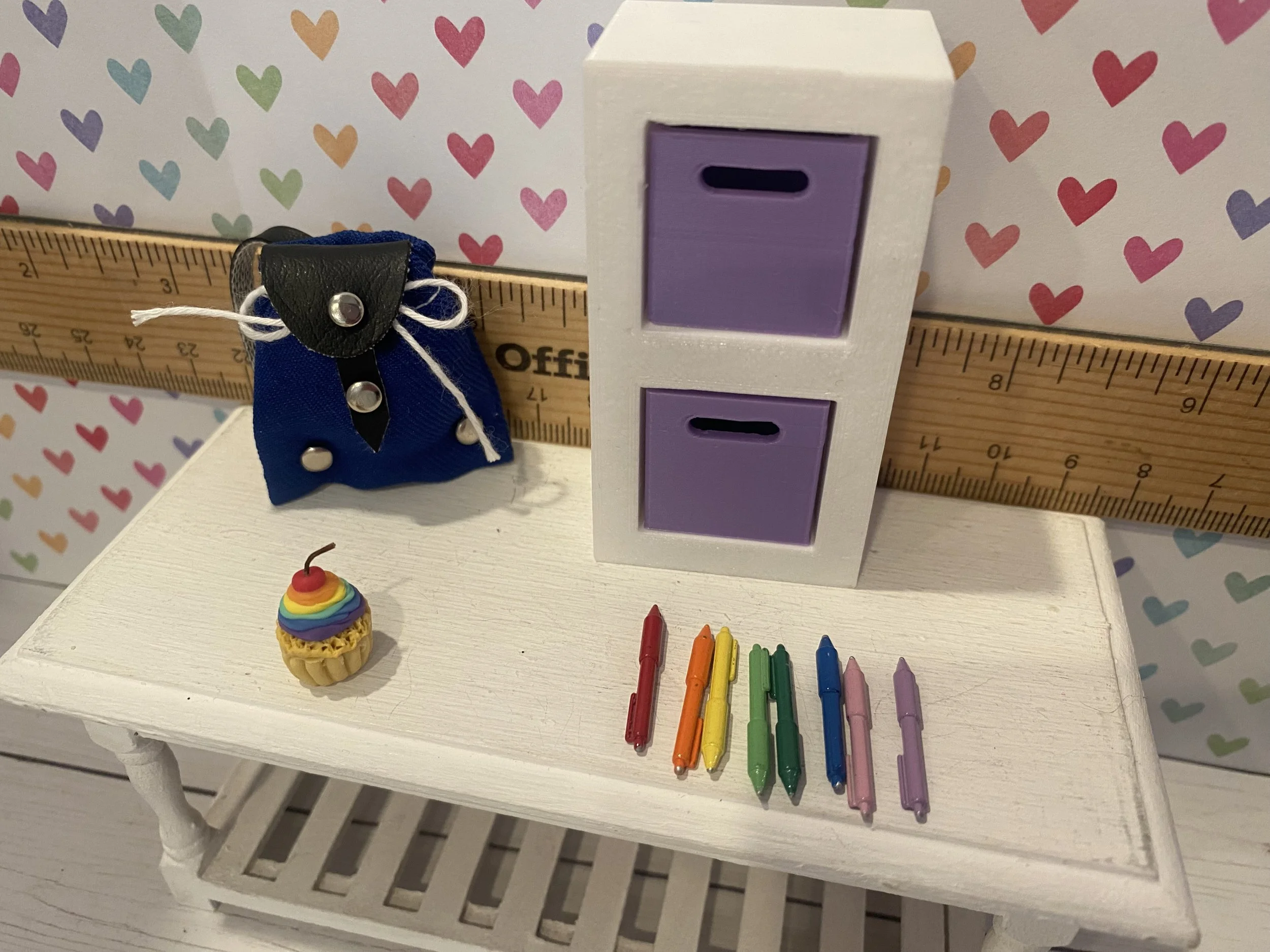 Miniature Two Drawer Cubby White w/Lavendar Drawers, Rainbow Pens, Blue Knapsack, Rainbow Cupcake, 1:12