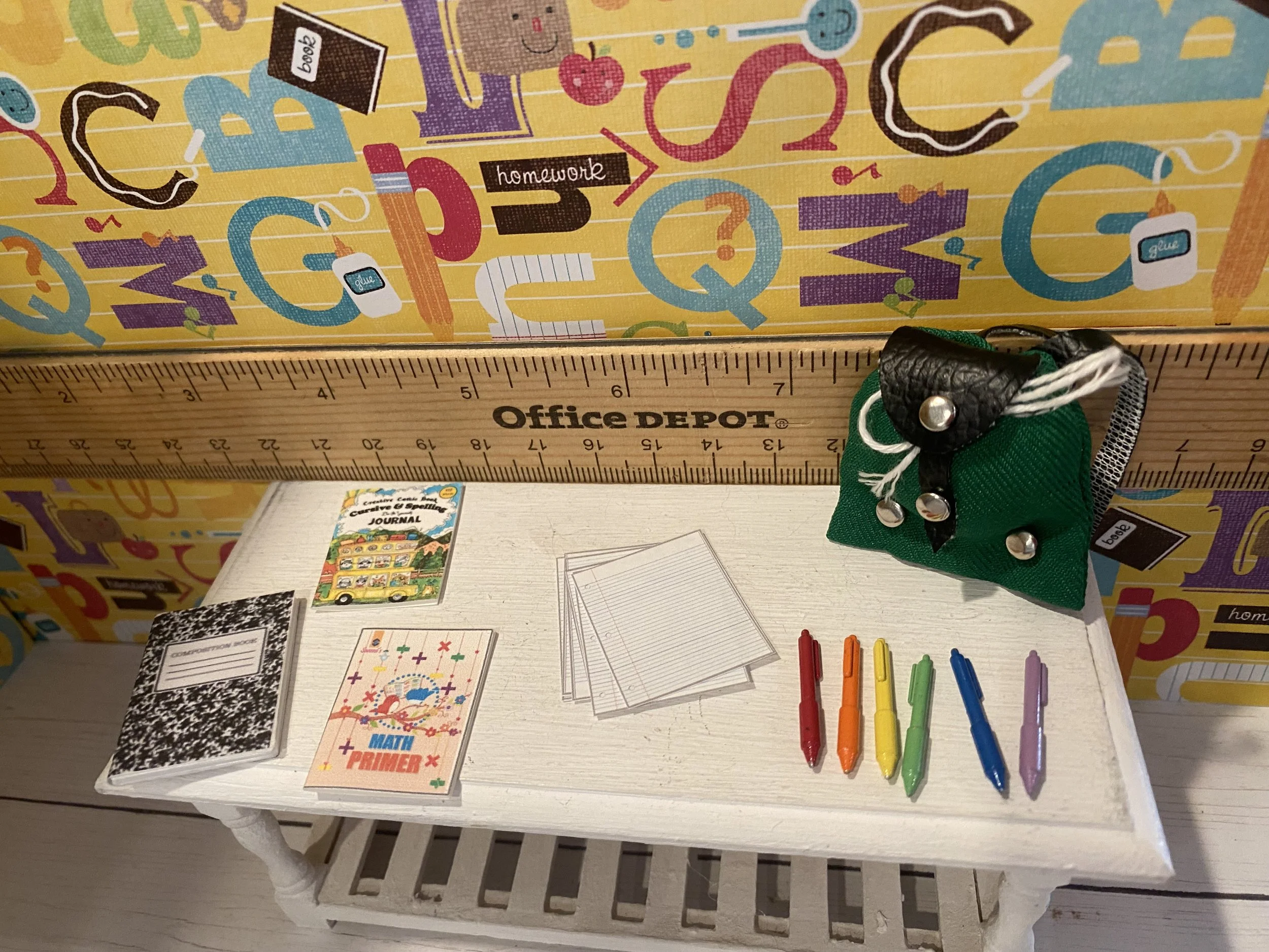 Miniature Green Backpack, Composition Book, Lined Notebook Paper, Pens, 1:12