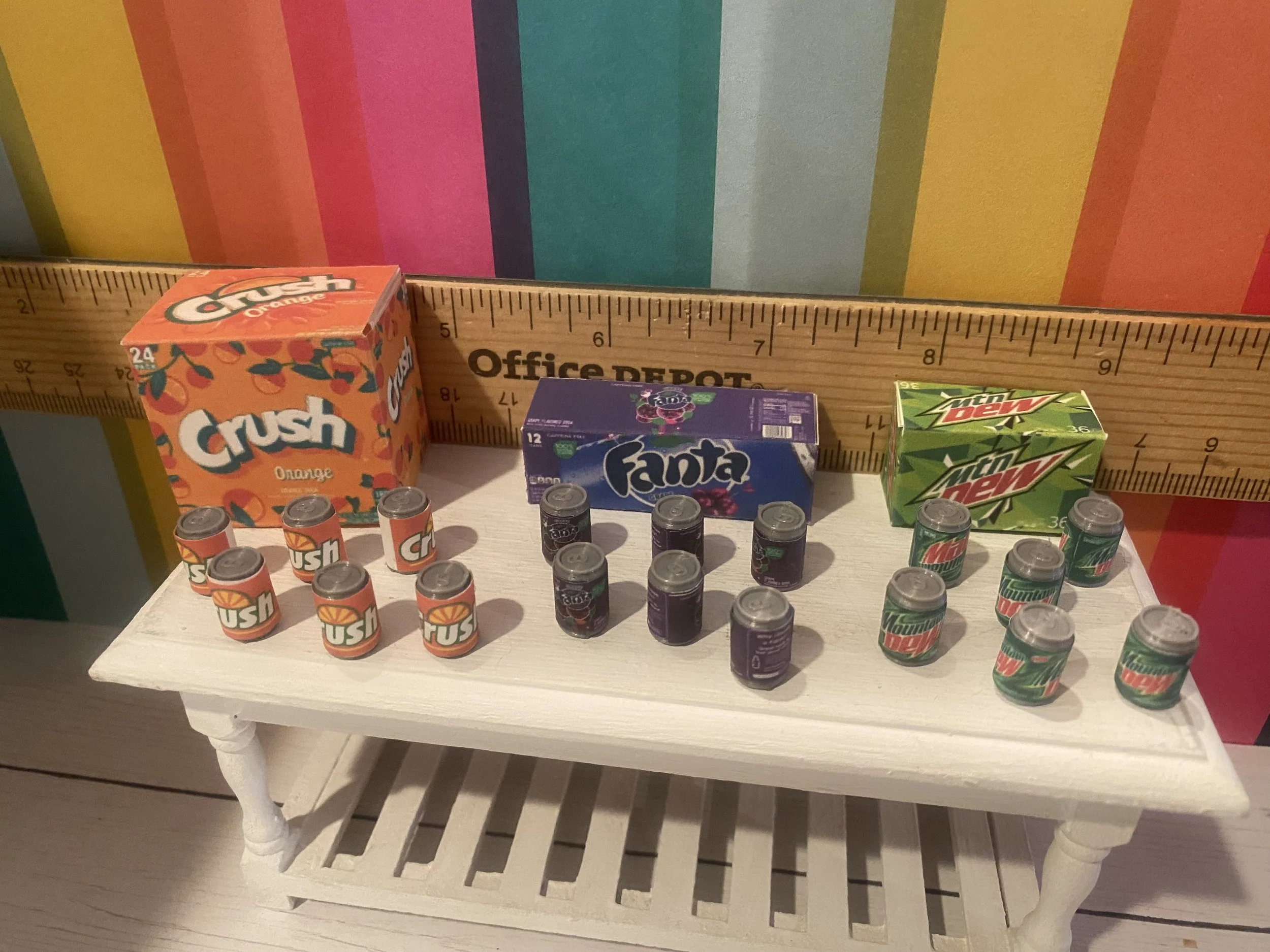 Miniature Orange Crush w/6 Cans, Mountain Dew w/6 Cans, Grape Fanta w/6 Cans, 1:12