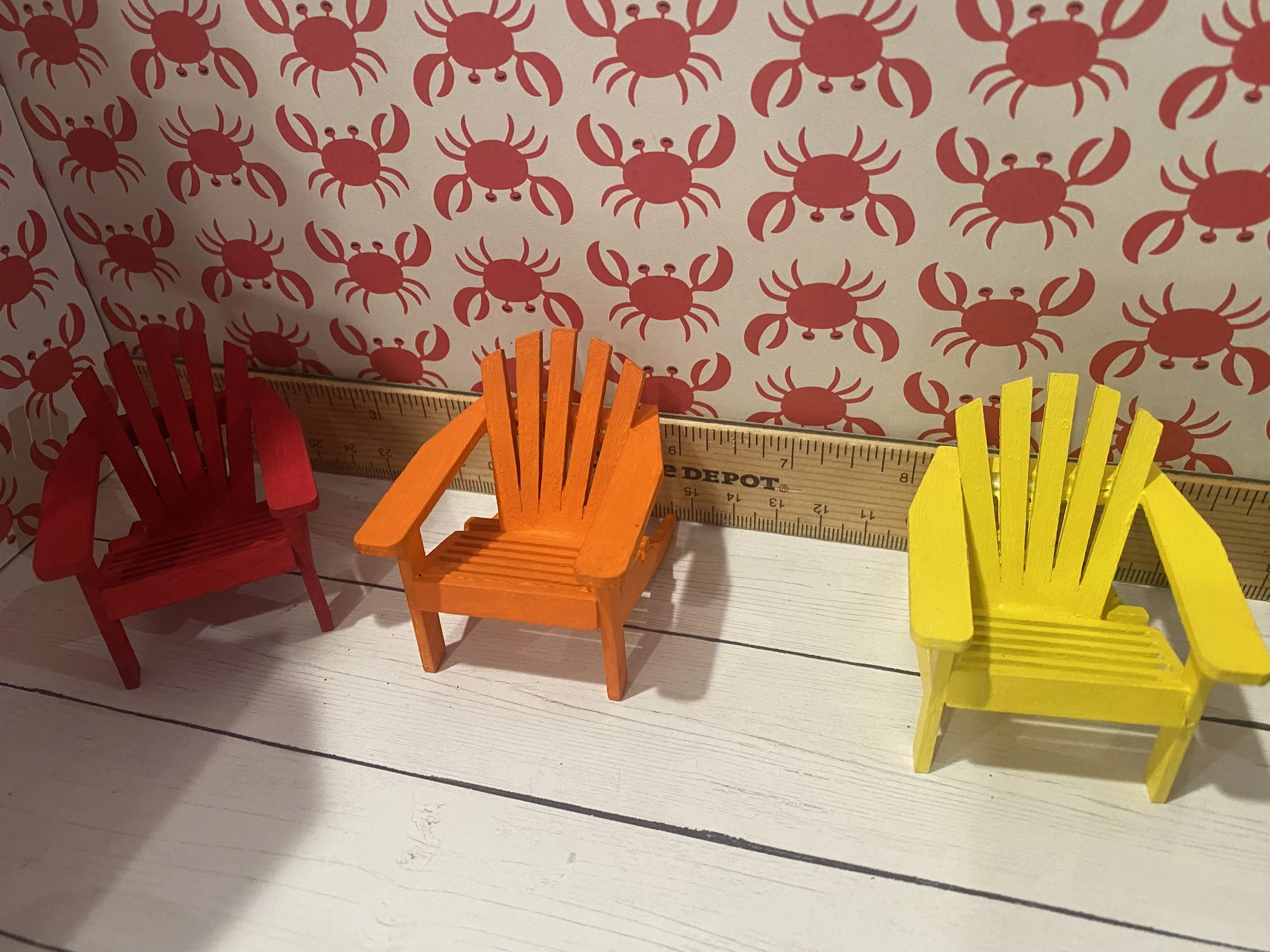 Miniature Red, Orange, Yellow Adirondack Chairs, 1:12