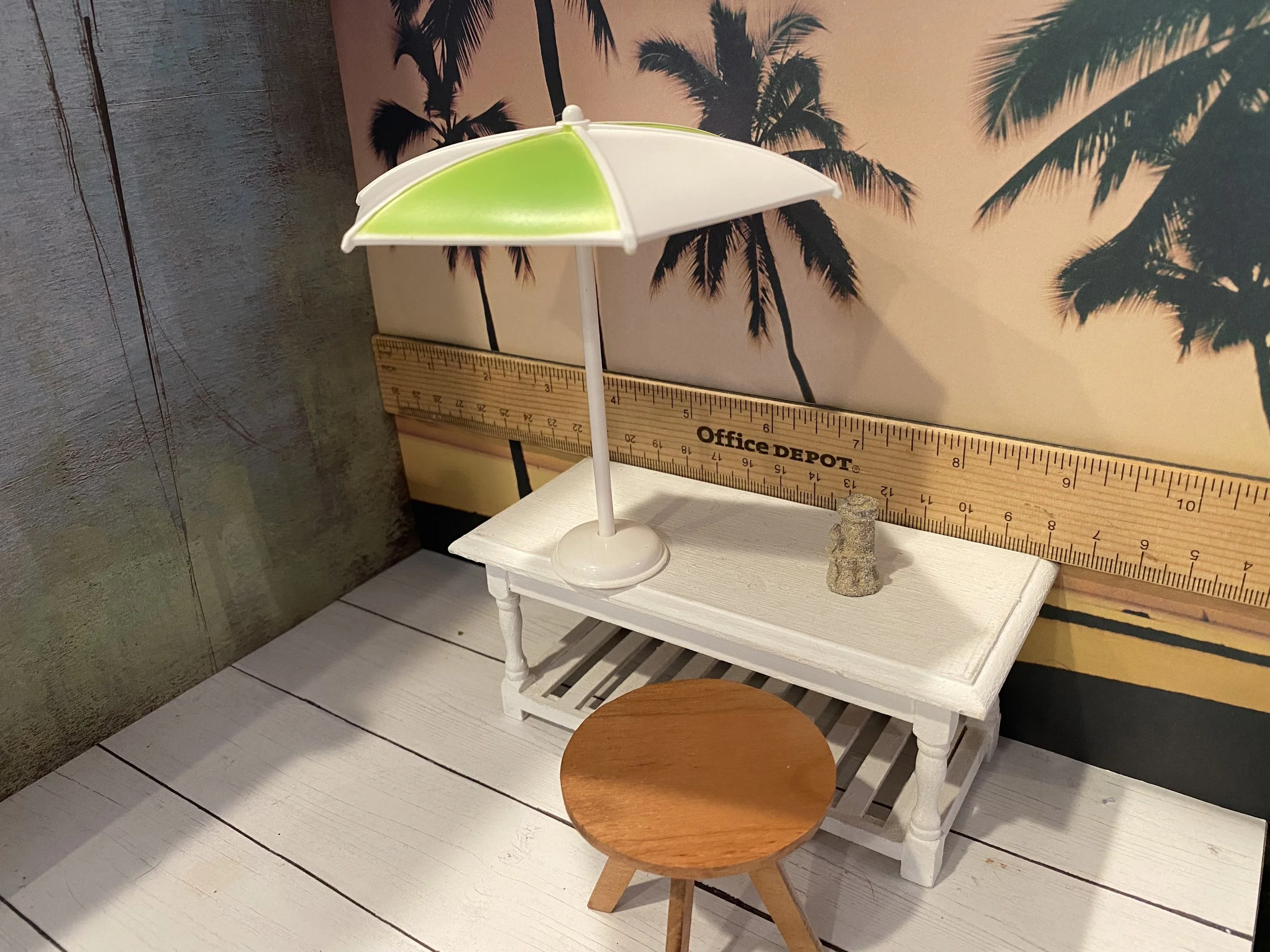 Miniature Green and White Striped Umbrella, Wood Table, Sandcastle, 1:12