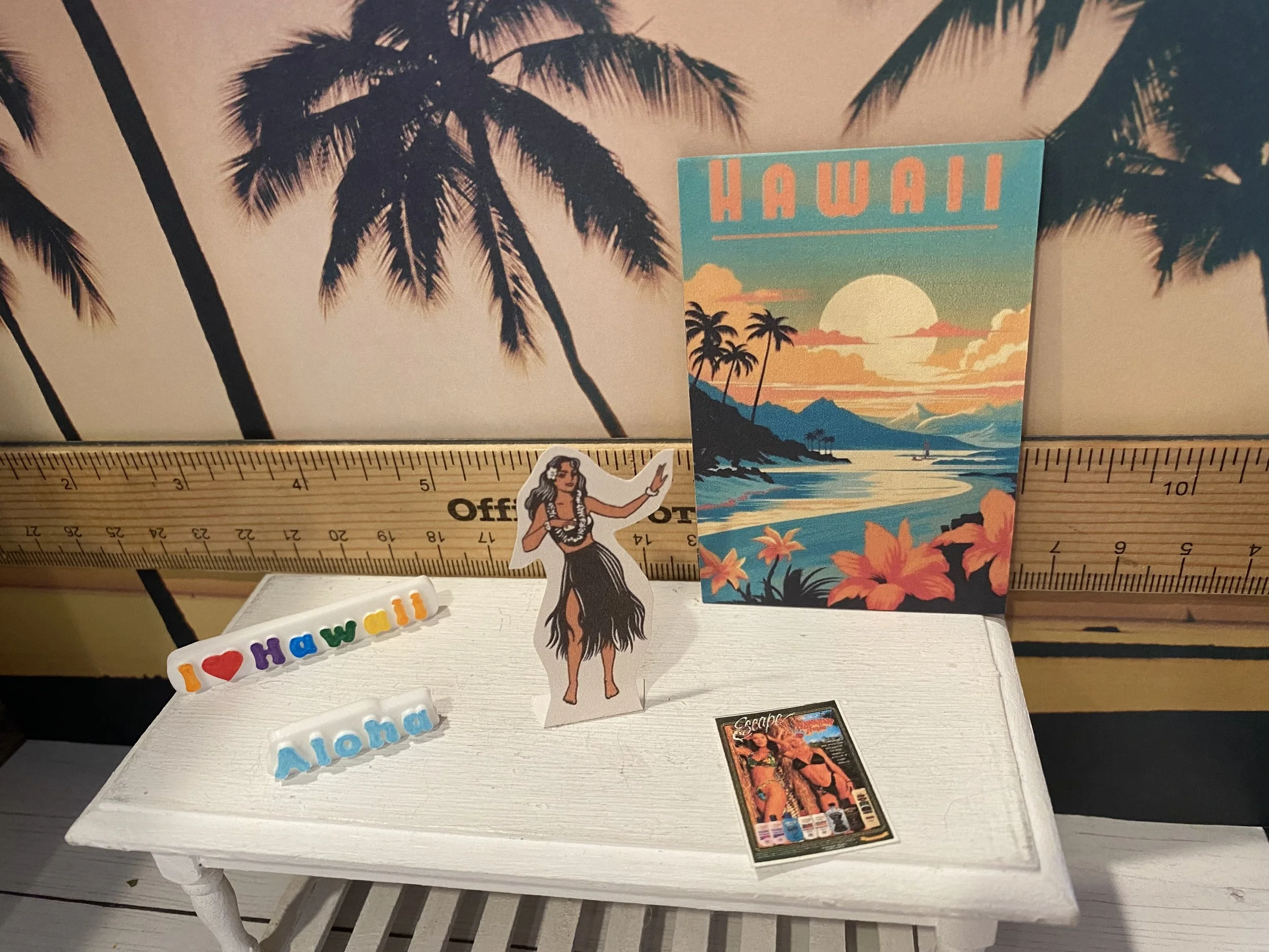 Miniature I Love Hawaii Word Art, Aloha, Aloha Dancer Cut-Out, Sunblock Ad, Hawaii Wood Sign, 1:12