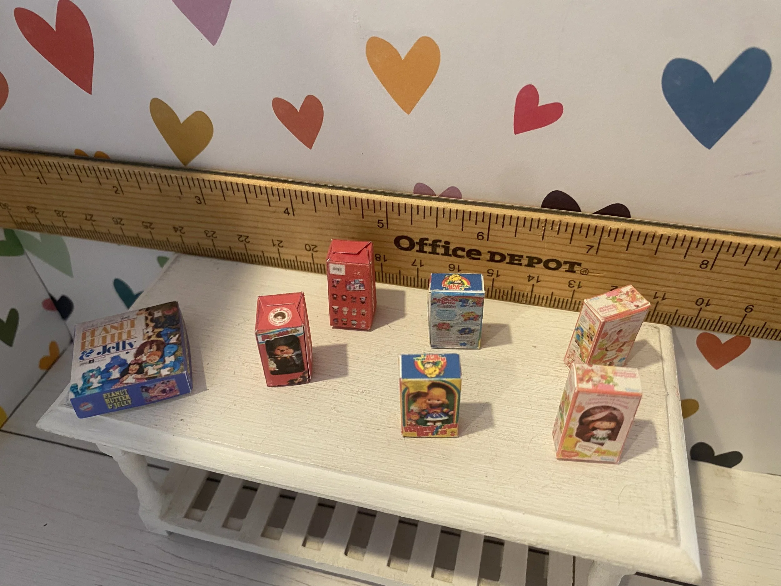Miniature Peanut Butter & Jelly Box, Monchichi, Strawberry Shortcake, Rainbow Brite Box, 1:12