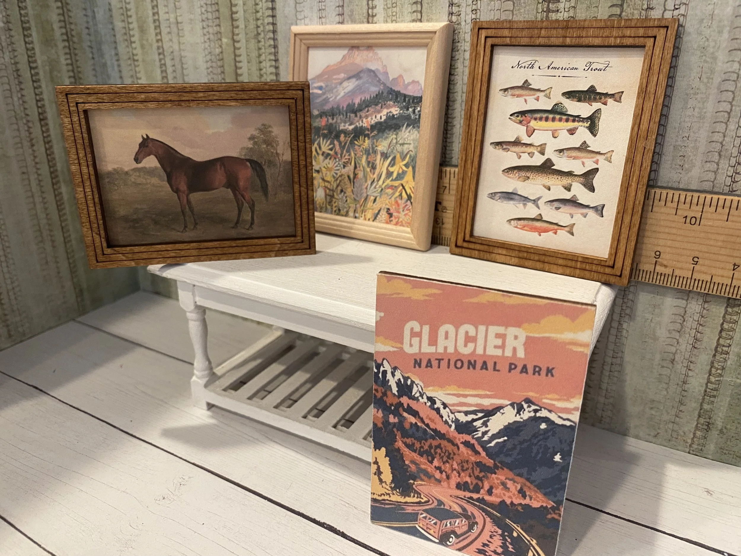 Miniature Art, Framed Horse, Fish, Montana Landcape, Glacier National Park Sign, 1:12
