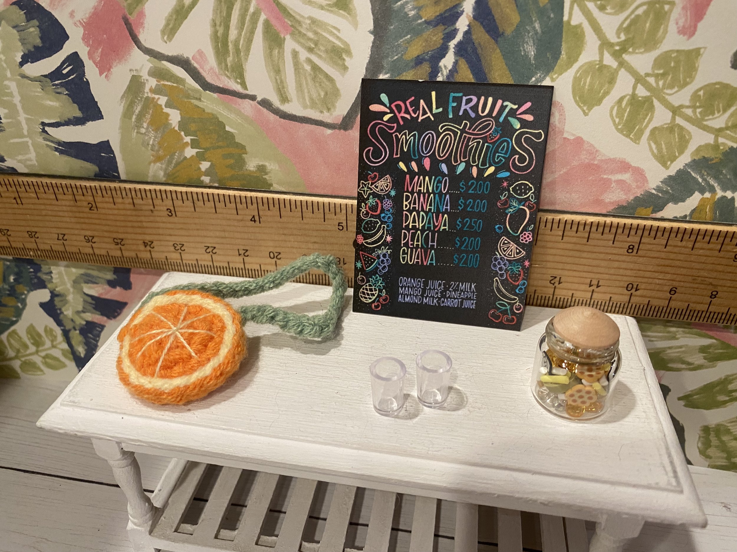 Miniature Orange Knit Purse, Smoothie Menu Board, Glasses, Glass Jar of Honeycomb, 1:12
