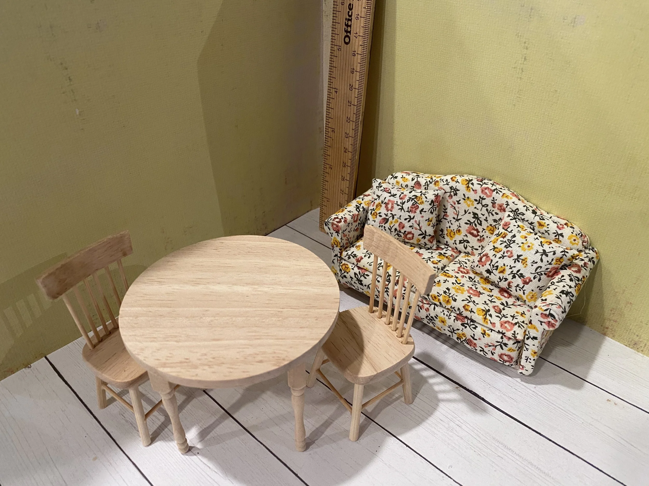 Miniature Wood Round Table w/2 Chairs, Floral Brown and Yellow Couch, 1:12