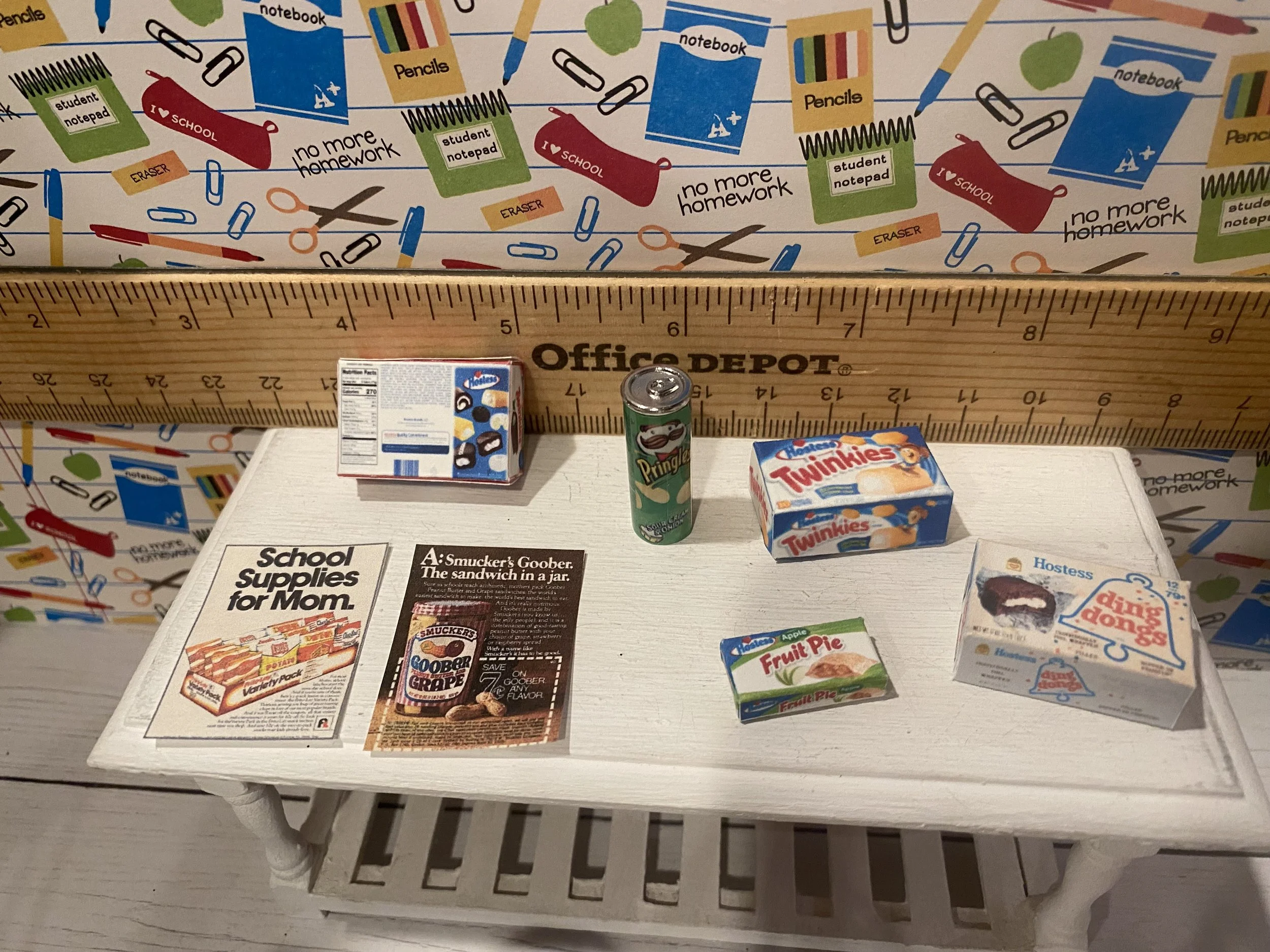 Miniature Hostess Ding Dong, Twinkie, Fruit Pie Box, Can of Pringles, 2 80's Back to School Lunch Ads, 1:12