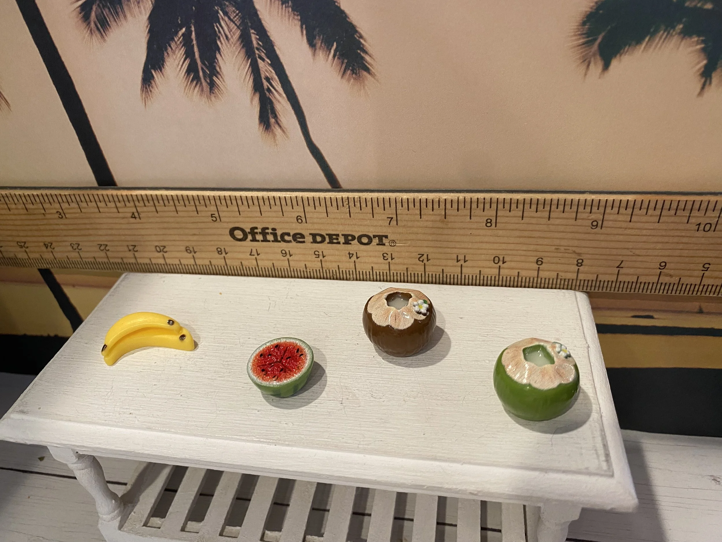 Miniature Tropical Fruit Green and Brown Coconut, Bananas, Watermelon, 1:12