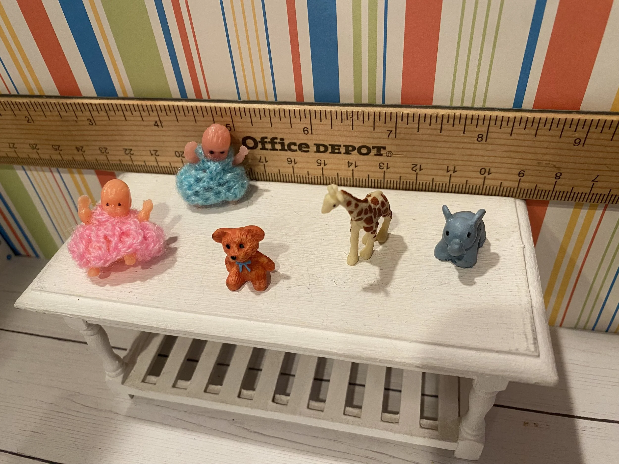 Miniature Baby Toys, Baby Dolls, Teddy Bear, Giraffe, Blue Elephant, 1:12