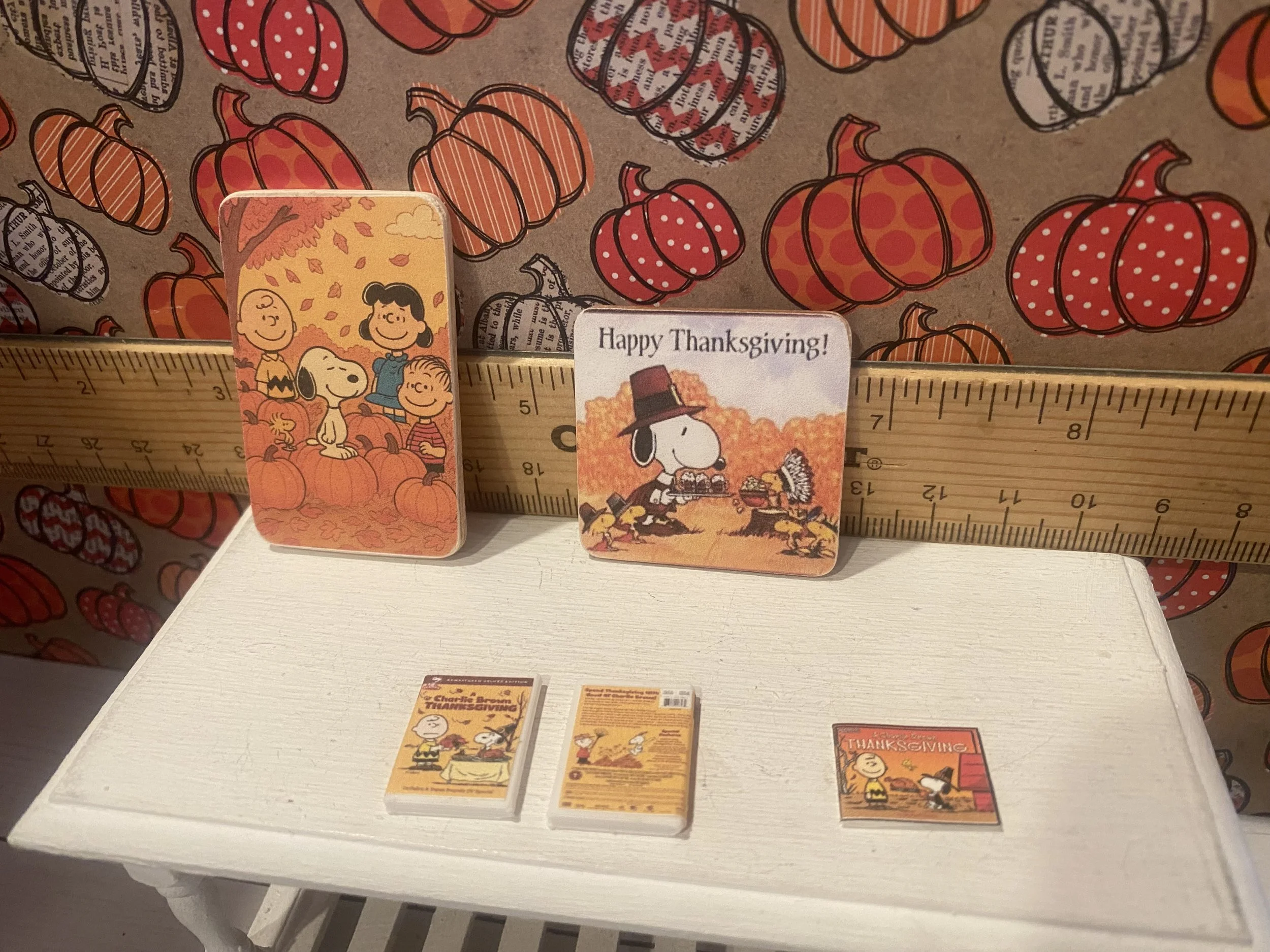 Miniature Peanuts Thanksgiving Signs, DVD, Book, 1:12