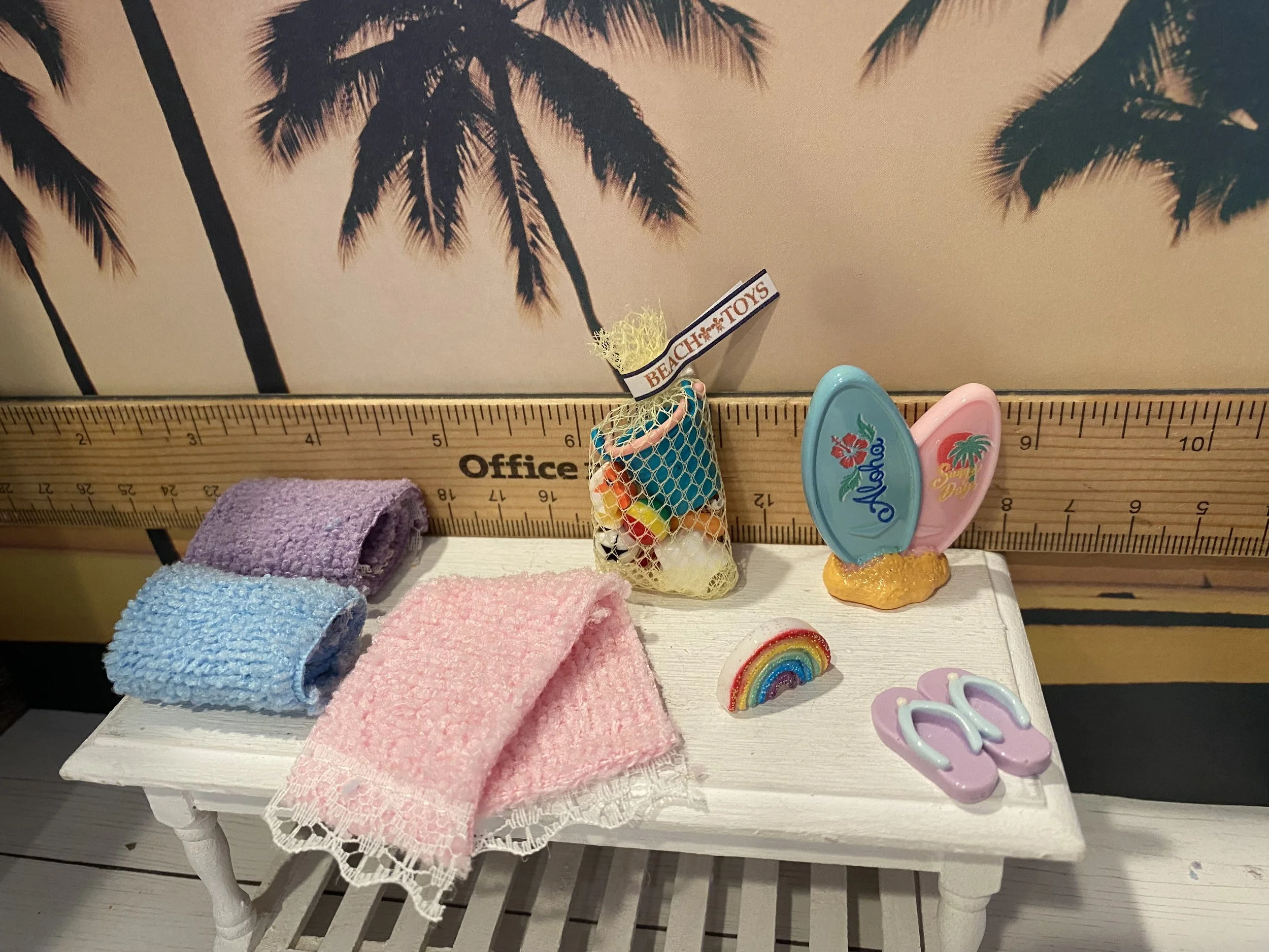 Miniature Beach Towels, Bag of Sand Toys, Rainbow Charm, Surfboard Decor, Lavender Flip Flops, 1:12