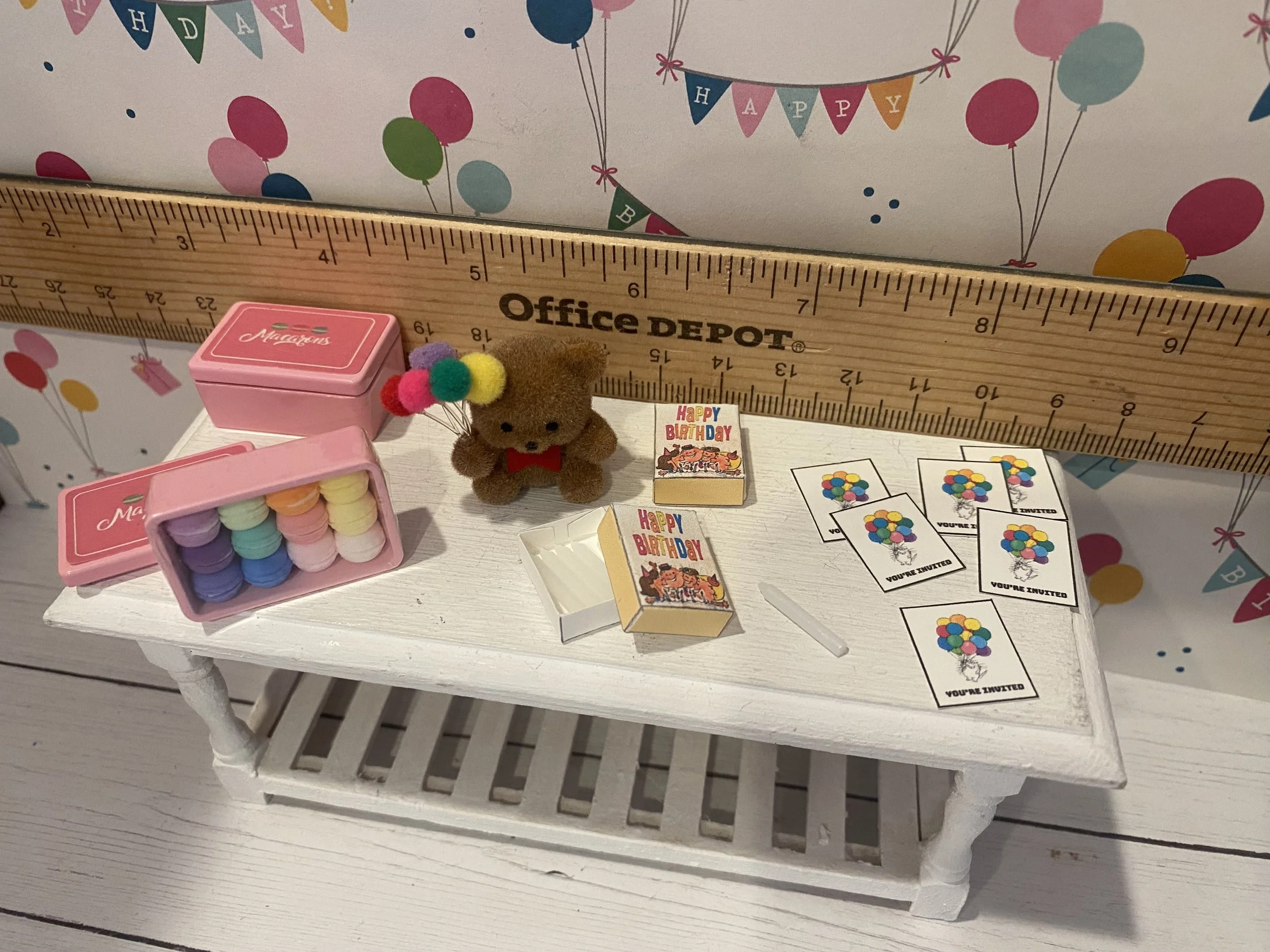 Miniatured Birthday, Box of Macarrons, Teddy Bear w/Balloons, Candles in a Box, Invitations, 1:12