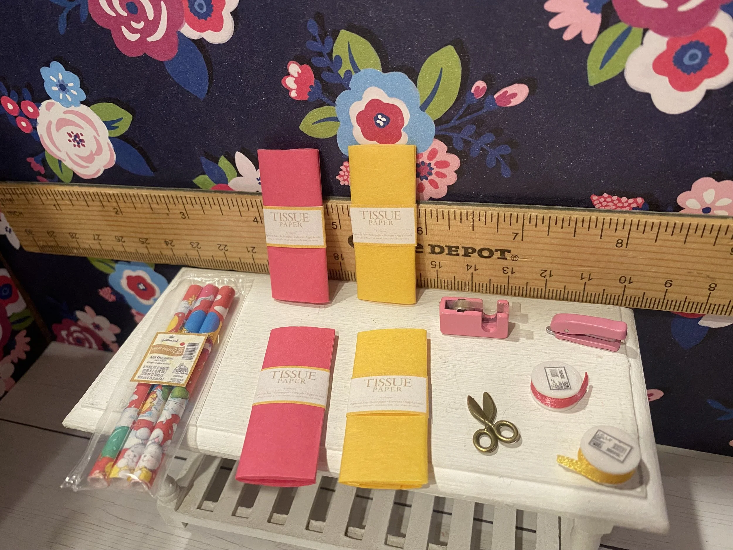 Miniature Pink and Yellow Spools of Ribbon, Packs of Tissue, Sealed Wrap, Stapler, Scissors and Tape Dispenser, 1:12