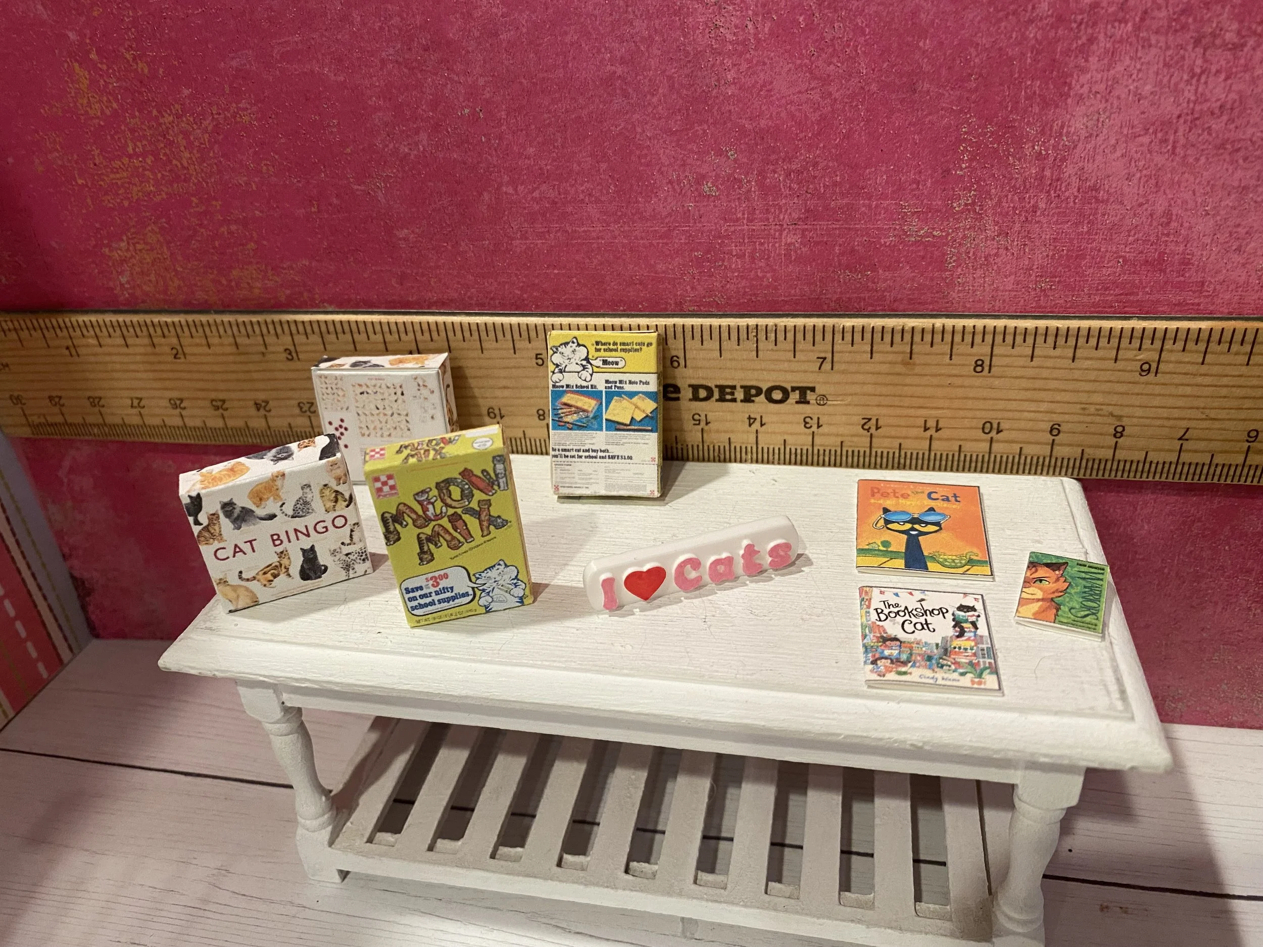 Miniature Cat Bingo Game, Meow Mix Box, I Love Cat Word Art, Cat Books, 1:12