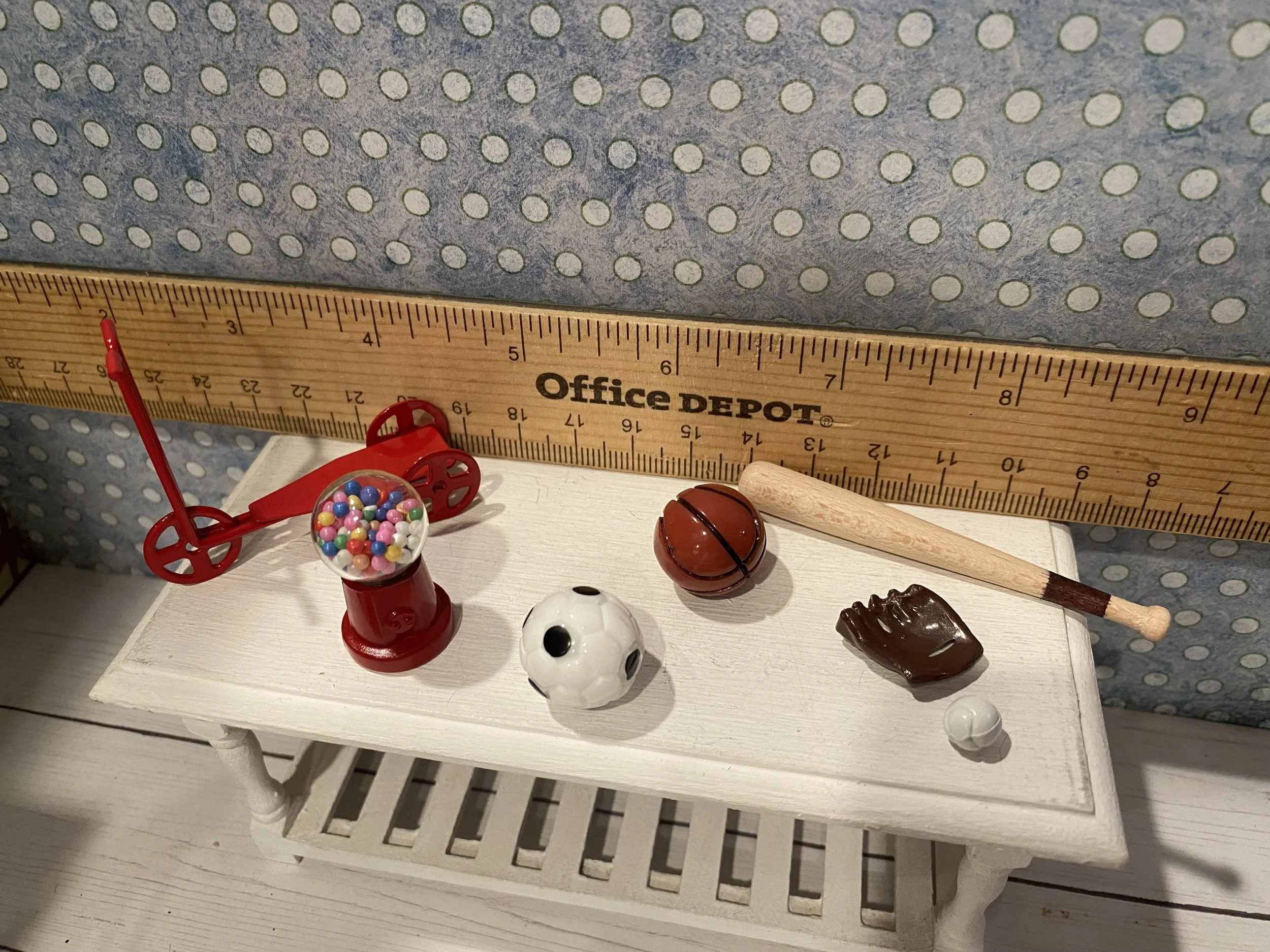 Miniature Scooter, Baseball, Bat, Glove, Basketball, Soccer, Bubblegum Machine, 1:12