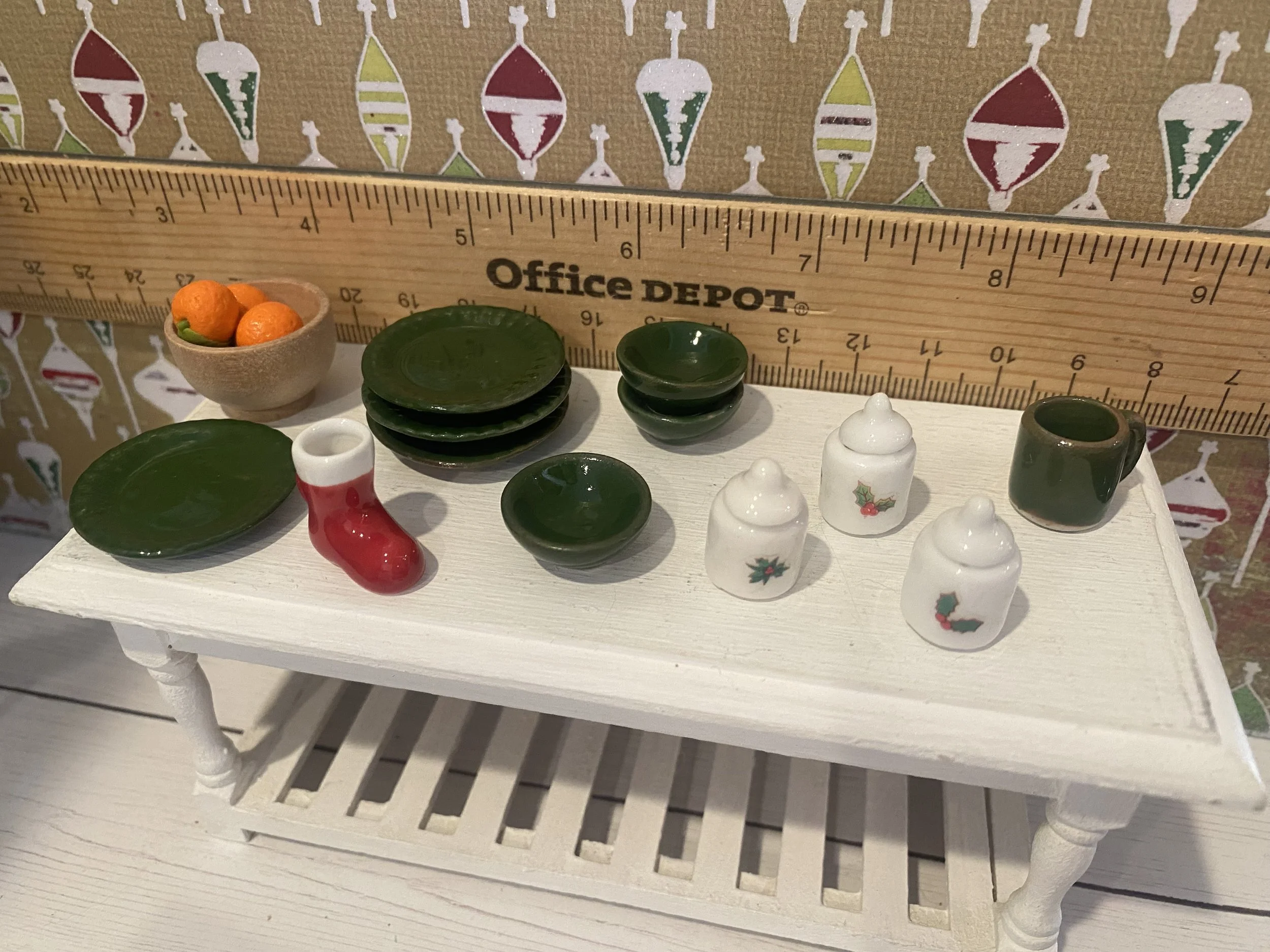Miniature Wood Bowl w/3 Oranges, Green Dishes, Stocking Mug, Christmas Sugar Decanter, 1:12