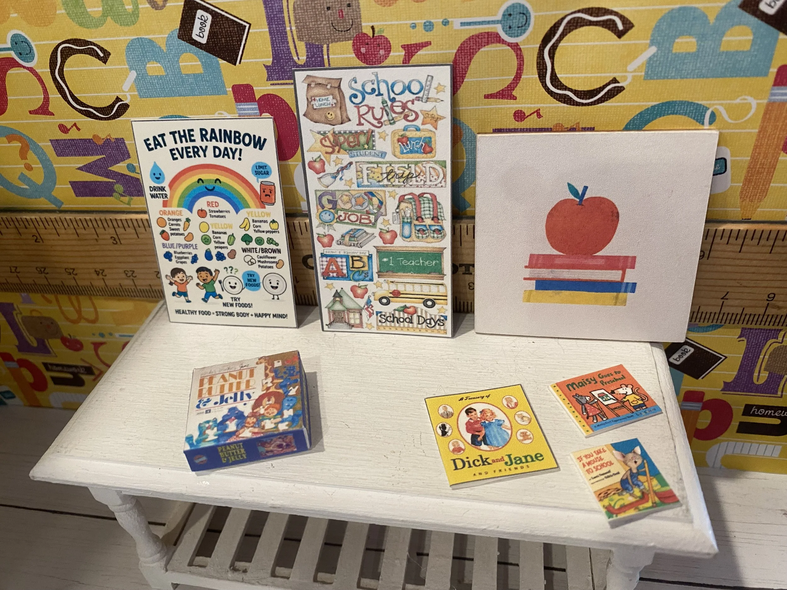 Miniature Healthy Food Choices Poster, School Rules Poster, School Art, Peanut and Butter and Jelly Game Box, School Books, 1:12