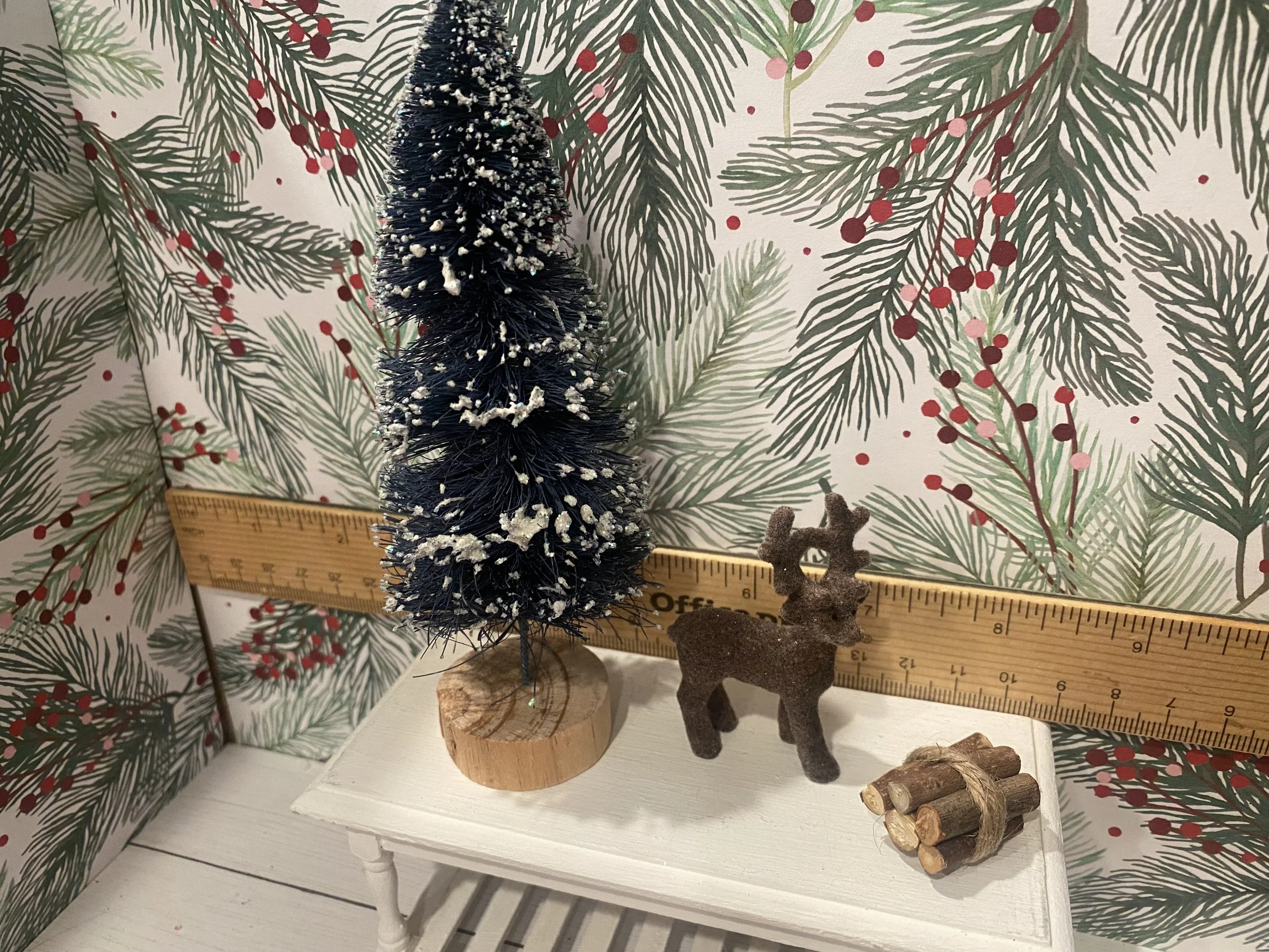 Miniature Blue Spruce Tree, Brown Flocked Reindeer, Bundle of Firewood w/Twine, 1:12