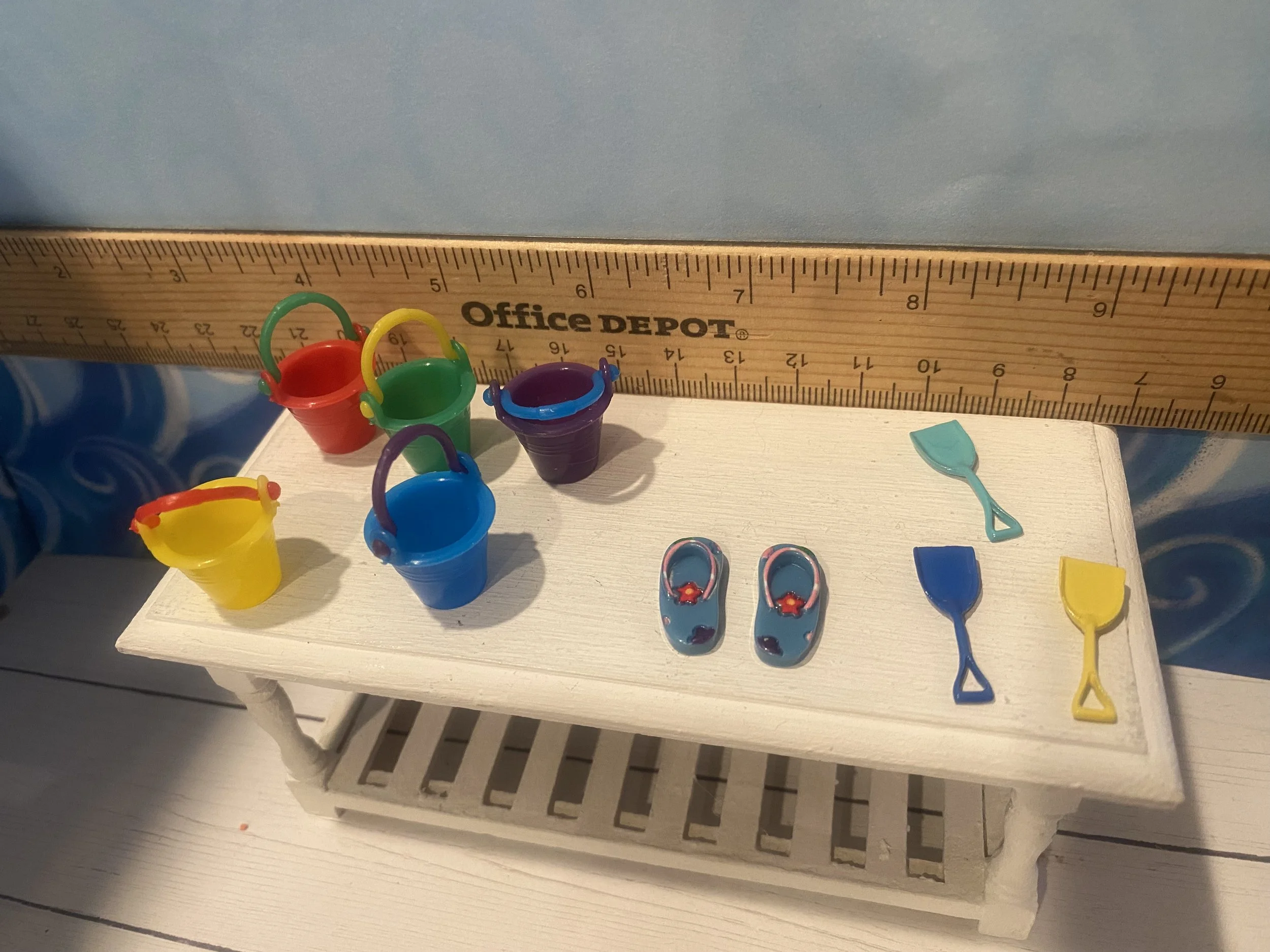 Miniature Pails, Blue Flip Flops, Sand Shovels, 1:12