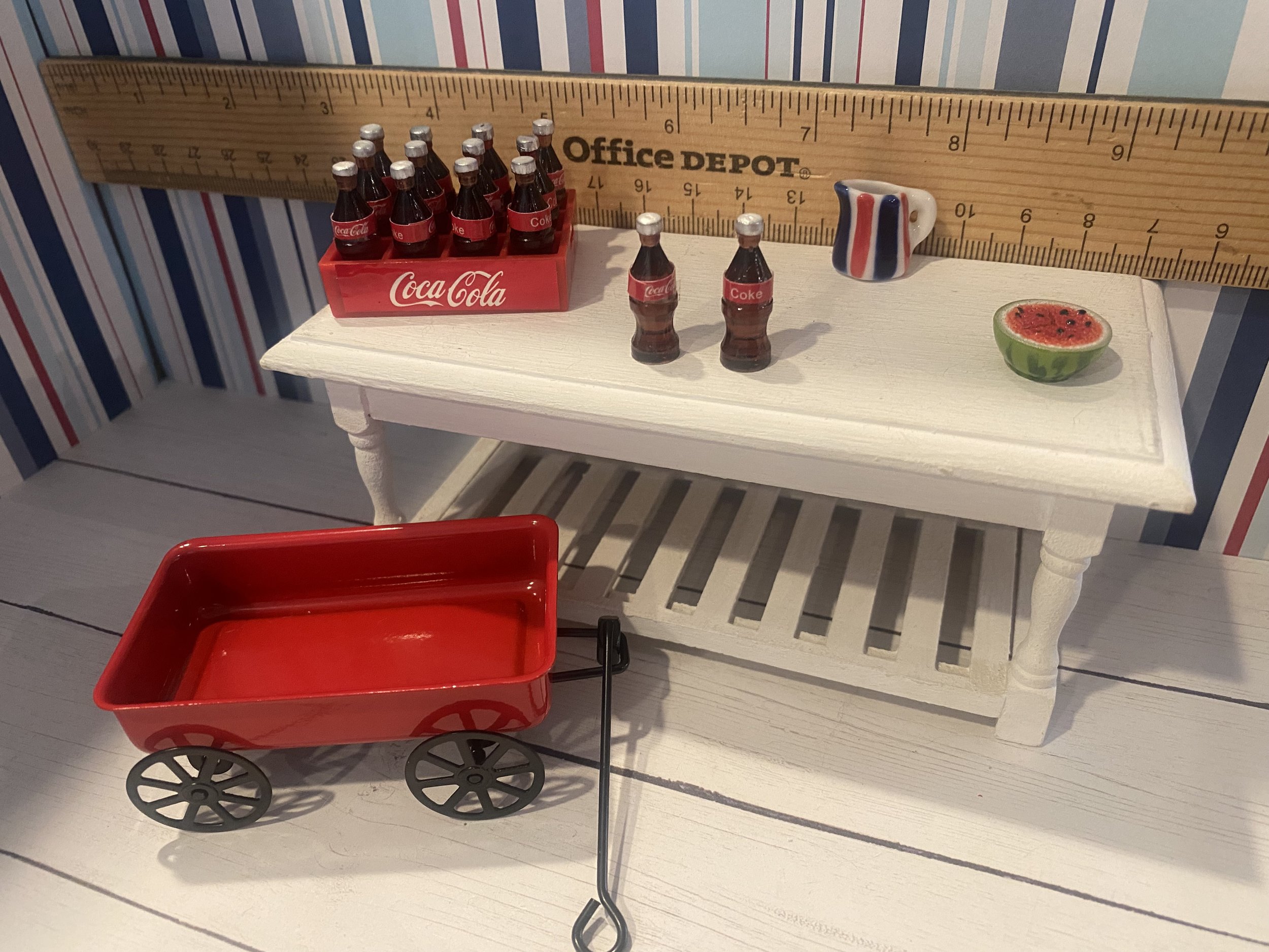 Miniature Red Wagon, Crate of Sodas, Red and Blue Pitcher, Watermelon, 1:12